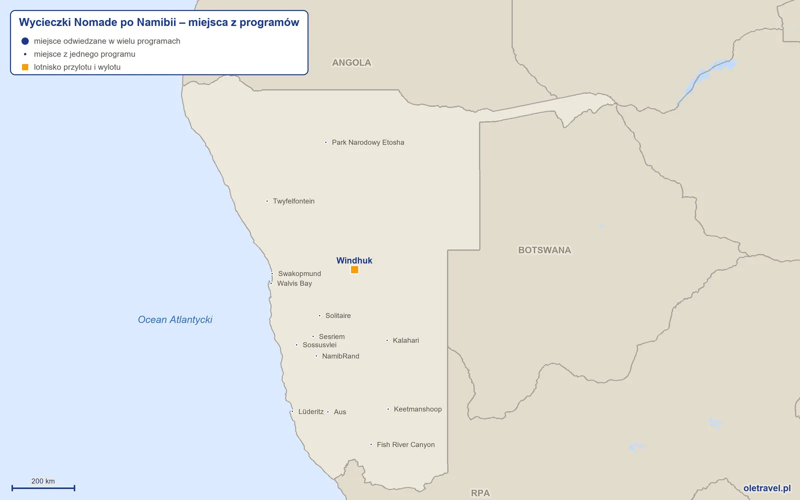 Mapa: Namibia z miejscami z programów wycieczek objazdowych Nomade