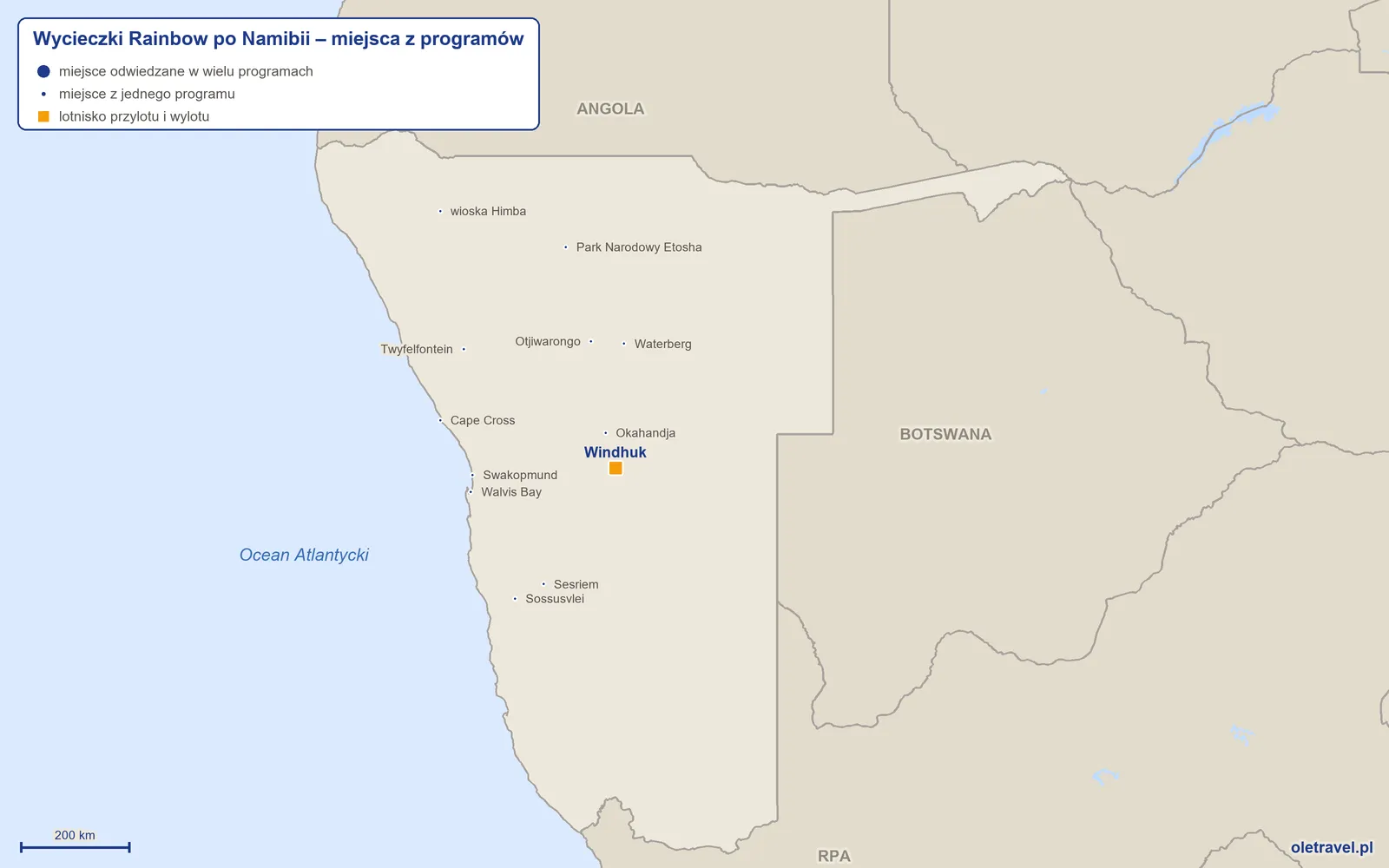 Mapa: Namibia z miejscami z programów wycieczek objazdowych Rainbow