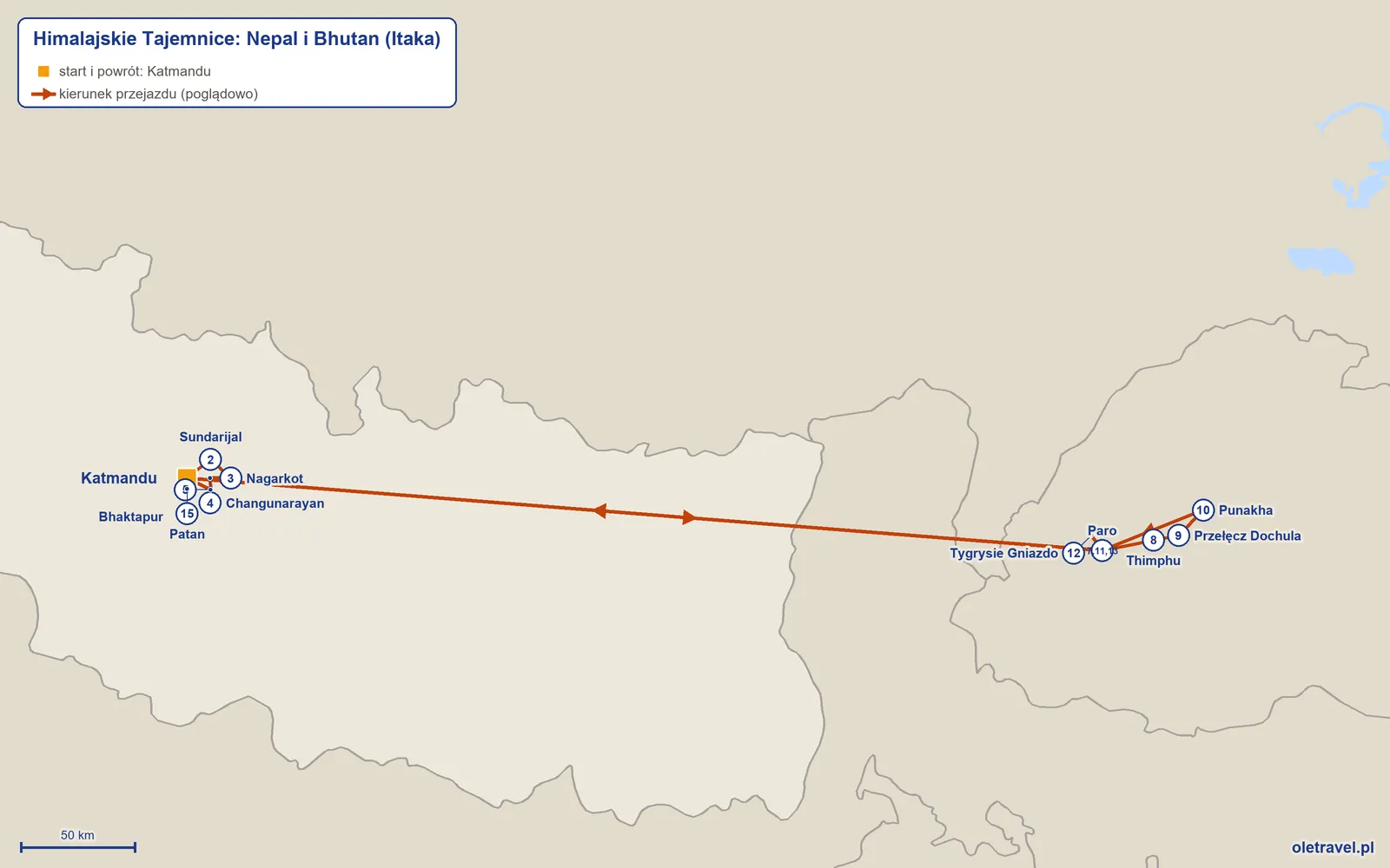 Mapa trasy wycieczki „Himalajskie Tajemnice: Nepal i Bhutan” z Itaką: Katmandu – Sundarijal – Nagarkot – Changunarayan – Bhaktapur – Katmandu – Paro – Thimphu – Przełęcz Dochula – Punakha – Paro – Tygrysie Gniazdo – Paro – Katmandu – Patan – Katmandu