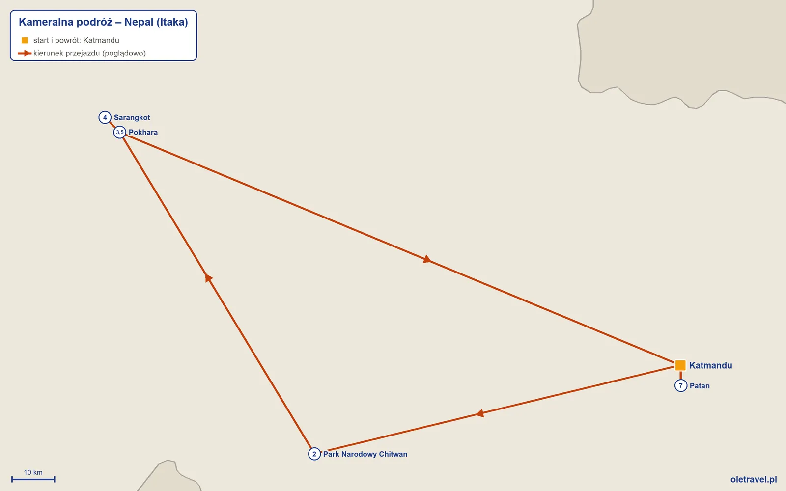 Mapa trasy wycieczki „Kameralna podróż – Nepal” z Itaką: Katmandu – Park Narodowy Chitwan – Pokhara – Sarangkot – Pokhara – Katmandu – Patan – Katmandu