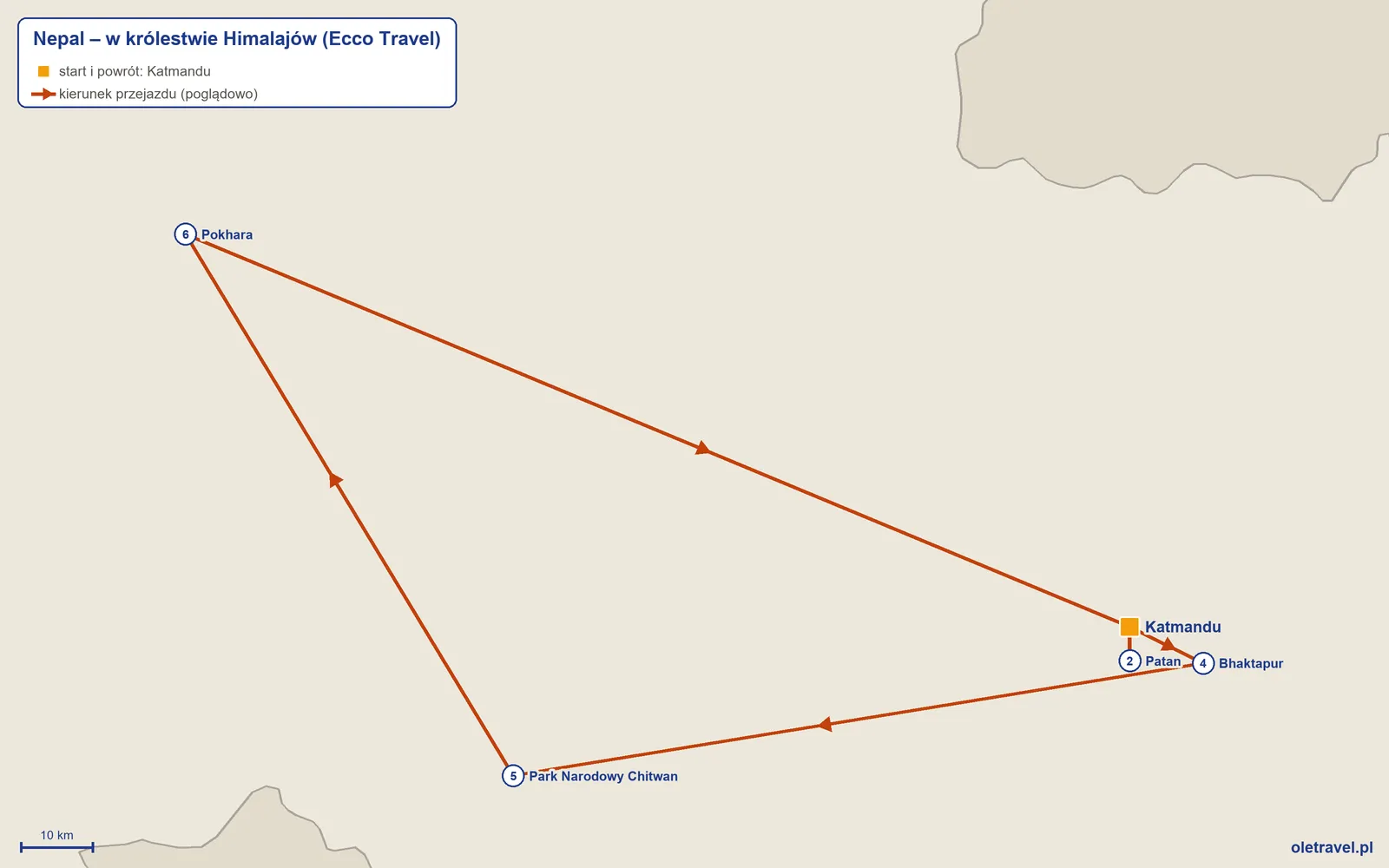 Mapa trasy wycieczki „Nepal – w królestwie Himalajów” z Ecco Travel: Katmandu – Patan – Katmandu – Bhaktapur – Park Narodowy Chitwan – Pokhara – Katmandu