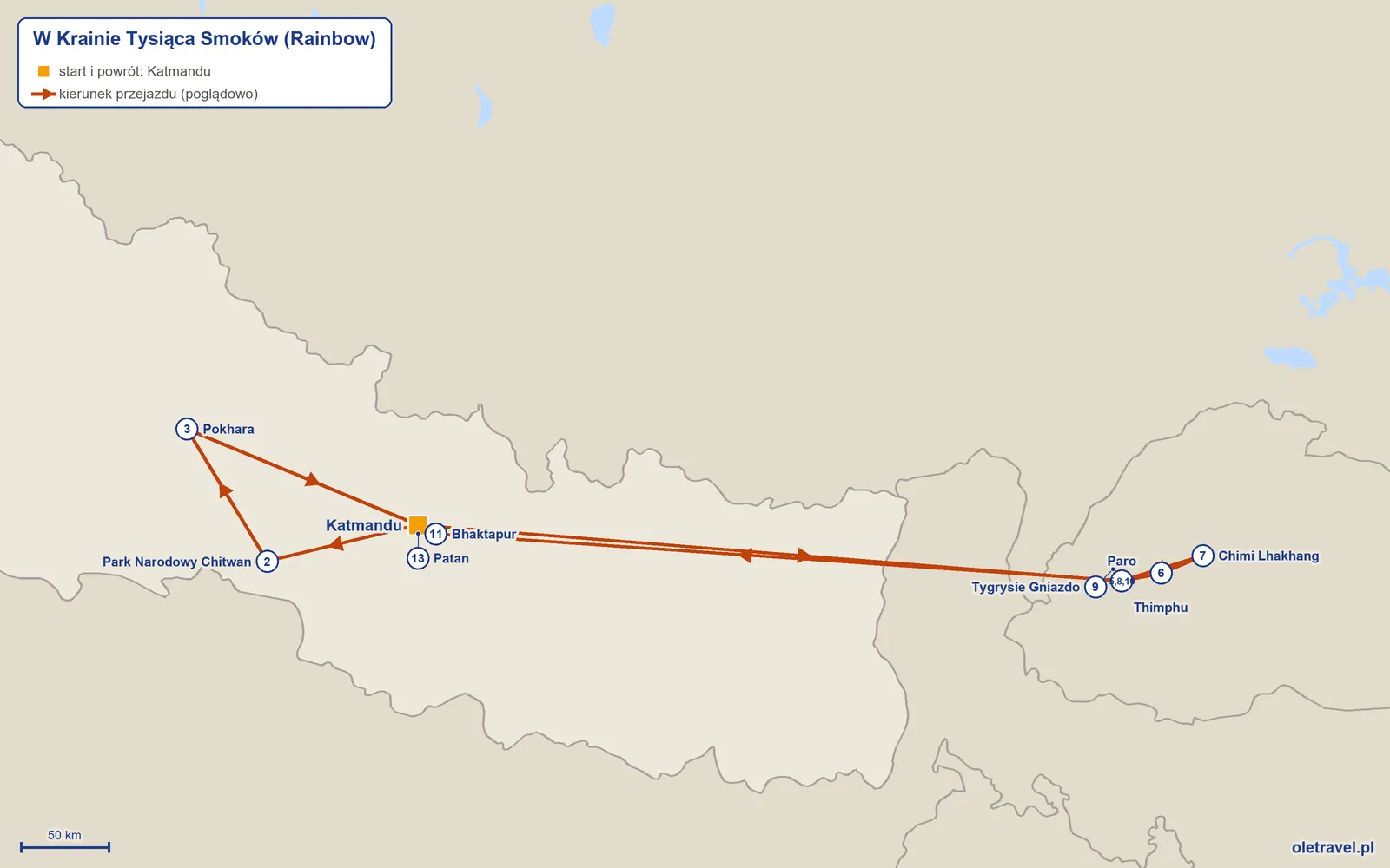 Mapa trasy wycieczki „W Krainie Tysiąca Smoków” z Rainbow: Katmandu – Park Narodowy Chitwan – Pokhara – Katmandu – Paro – Thimphu – Chimi Lhakhang – Paro – Tygrysie Gniazdo – Paro – Bhaktapur – Katmandu – Patan – Katmandu