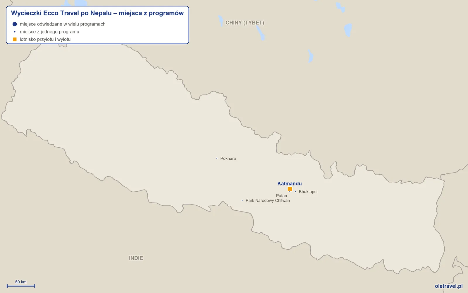 Mapa: Nepal z miejscami z programów wycieczek objazdowych Ecco Travel
