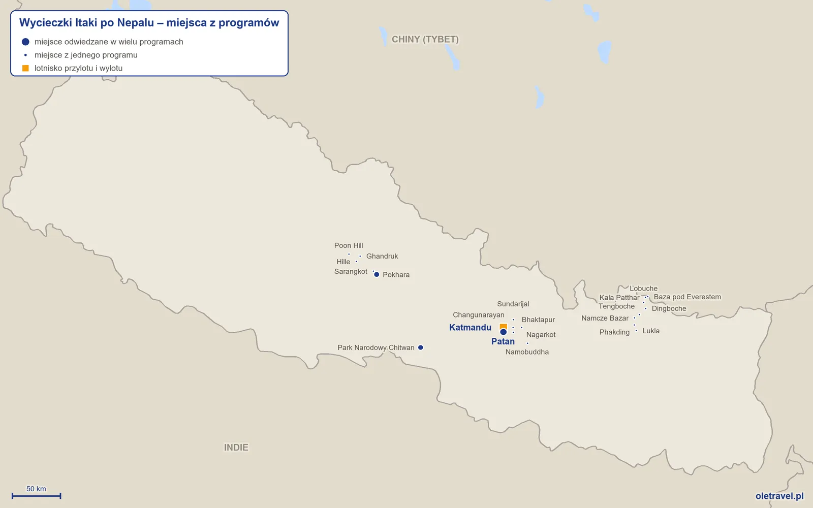 Mapa: Nepal z miejscami z programów wycieczek objazdowych Itaki