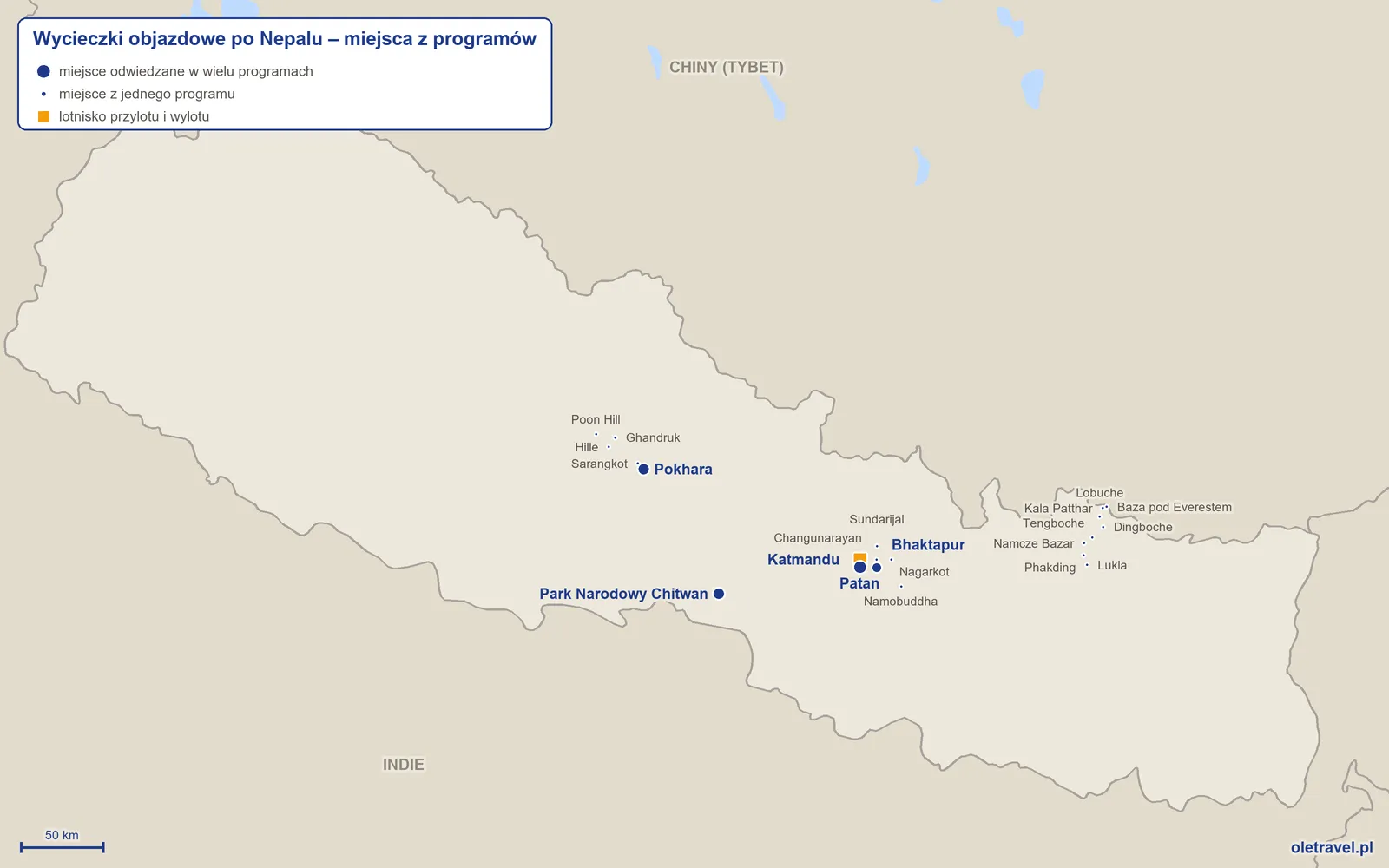 Mapa: Nepal z miejscami odwiedzanymi na wycieczkach objazdowych z naszej oferty