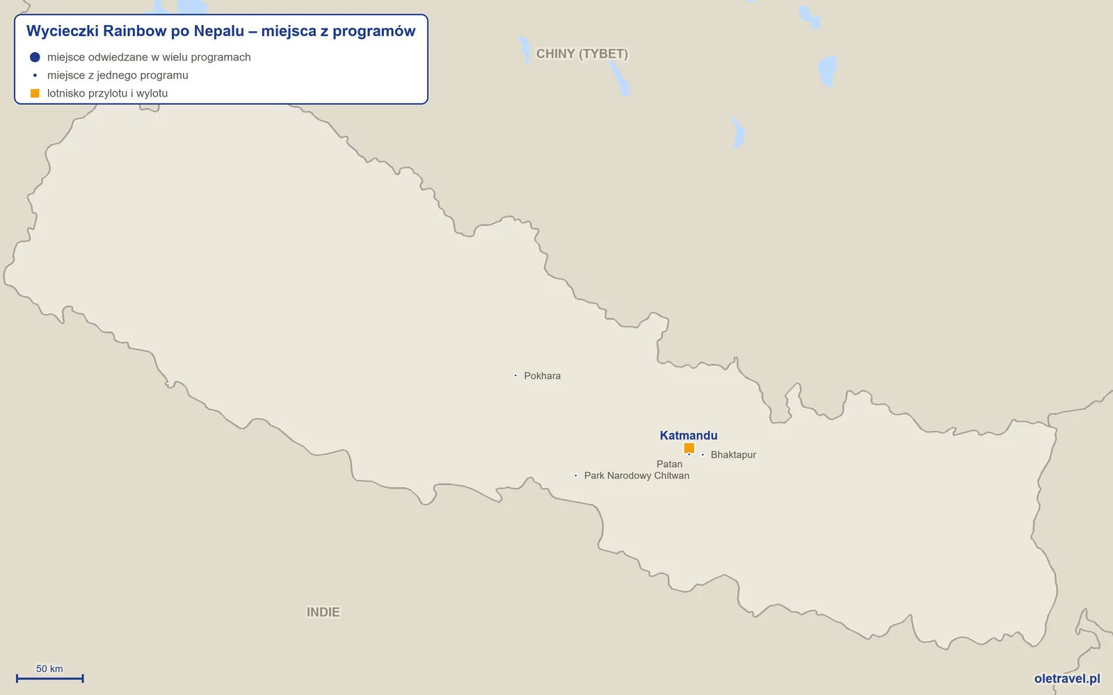 Mapa: Nepal z miejscami z programów wycieczek objazdowych Rainbow