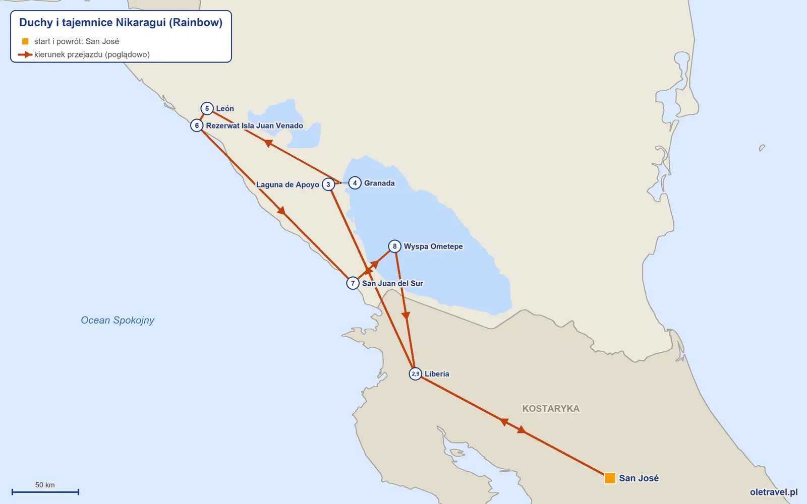 Mapa trasy wycieczki „Duchy i tajemnice Nikaragui” z Rainbow: San José – Liberia – Laguna de Apoyo – Granada – León – Rezerwat Isla Juan Venado – San Juan del Sur – Wyspa Ometepe – Liberia – San José