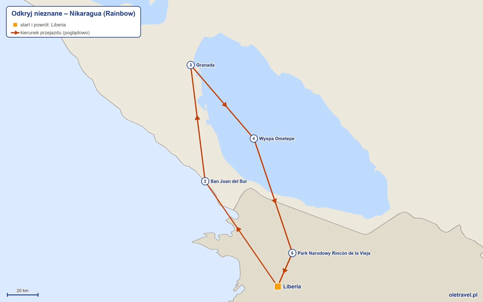 Mapa trasy wycieczki „Odkryj nieznane – Nikaragua” z Rainbow: Liberia – San Juan del Sur – Granada – Wyspa Ometepe – Park Narodowy Rincón de la Vieja – Liberia