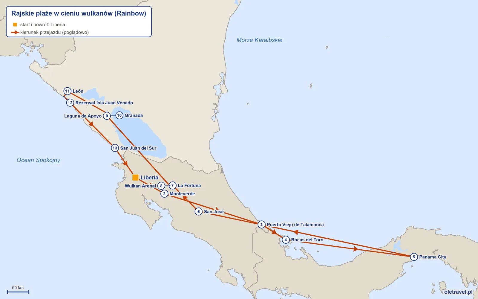 Mapa trasy wycieczki „Rajskie plaże w cieniu wulkanów” z Rainbow: Liberia – Monteverde – Puerto Viejo de Talamanca – Bocas del Toro – Panama City – San José – La Fortuna – Wulkan Arenal – Laguna de Apoyo – Granada – León – Rezerwat Isla Juan Venado – San Juan del Sur – Liberia