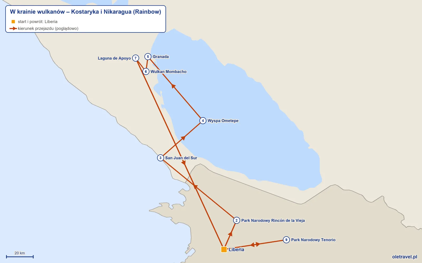 Mapa trasy wycieczki „W krainie wulkanów – Kostaryka i Nikaragua” z Rainbow: Liberia – Park Narodowy Rincón de la Vieja – San Juan del Sur – Wyspa Ometepe – Granada – Wulkan Mombacho – Laguna de Apoyo – Liberia – Park Narodowy Tenorio – Liberia