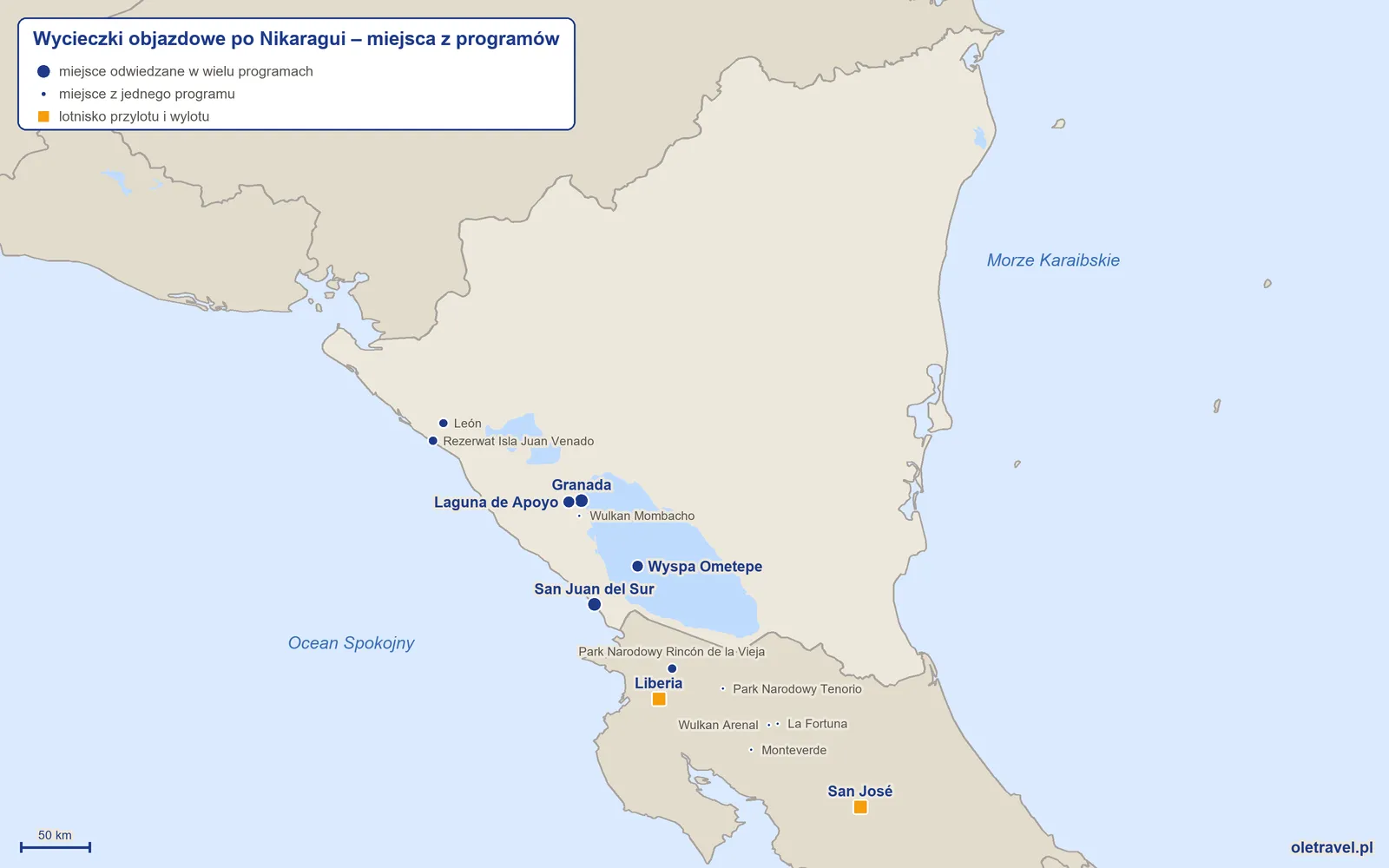 Mapa: Nikaragua z miejscami odwiedzanymi na wycieczkach objazdowych z naszej oferty