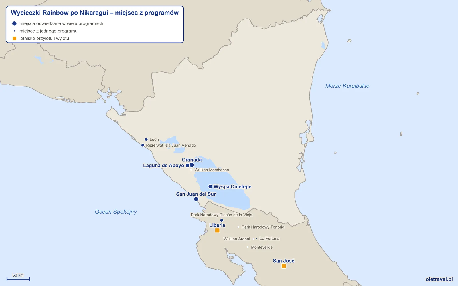 Mapa: Nikaragua z miejscami z programów wycieczek objazdowych Rainbow