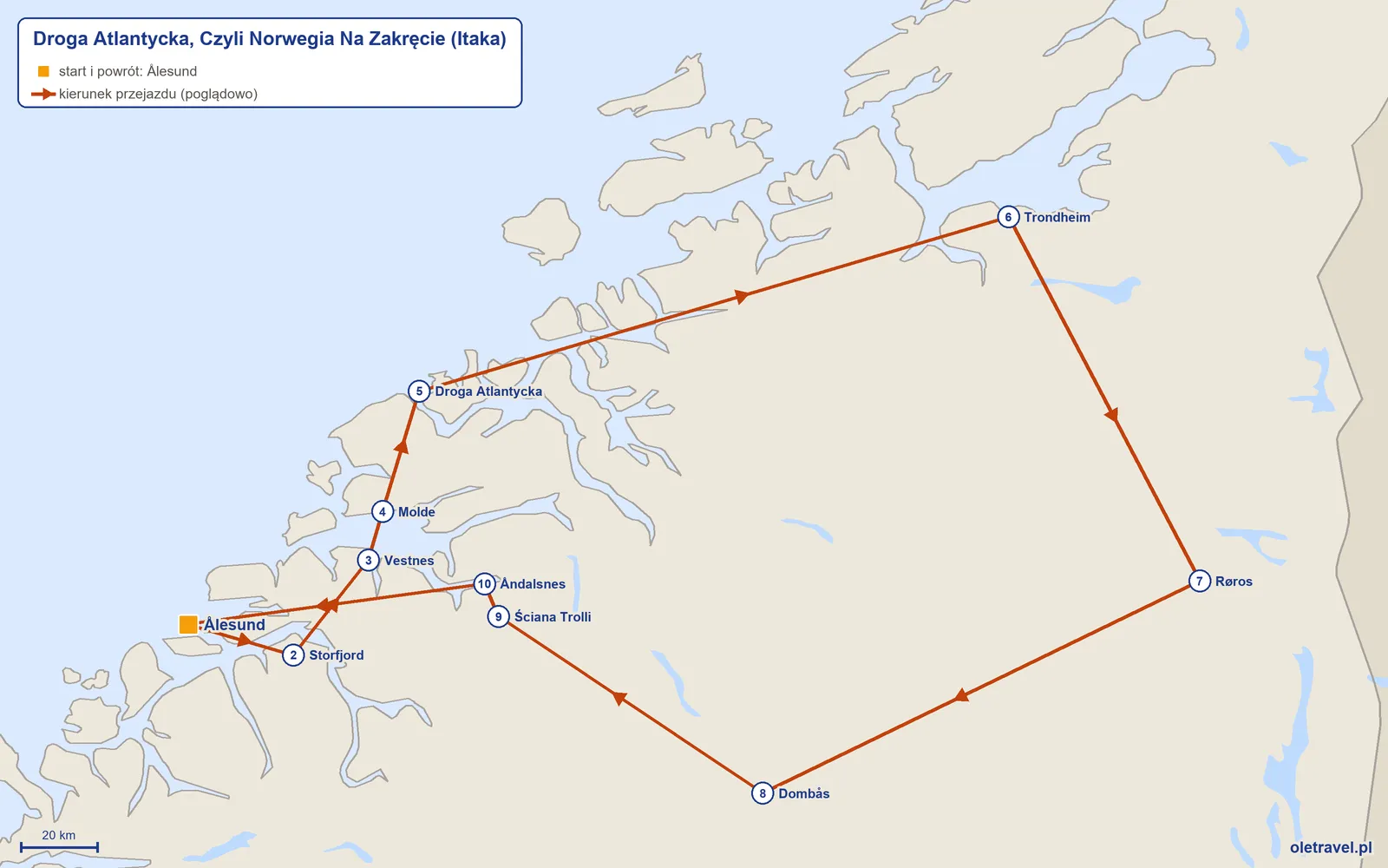 Mapa trasy wycieczki „Droga Atlantycka, Czyli Norwegia Na Zakręcie” z Itaką: Ålesund – Storfjord – Vestnes – Molde – Droga Atlantycka – Trondheim – Røros – Dombås – Ściana Trolli – Åndalsnes – Ålesund
