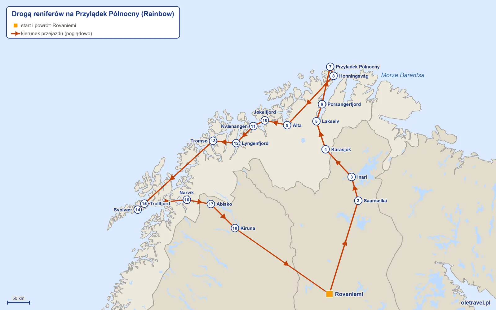 Mapa trasy wycieczki „Drogą reniferów na Przylądek Północny” z Rainbow: Rovaniemi – Saariselkä – Inari – Karasjok – Lakselv – Porsangerfjord – Przylądek Północny – Honningsvåg – Alta – Jøkelfjord – Kvænangen – Lyngenfjord – Tromsø – Svolvær – Trollfjord – Narvik – Abisko – Kiruna – Rovaniemi