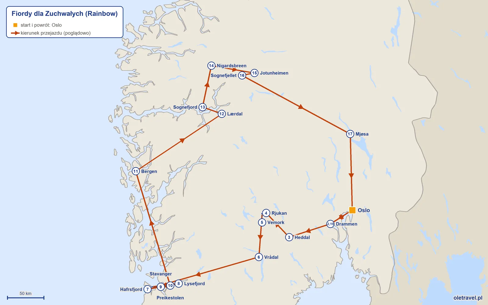 Mapa trasy wycieczki „Fiordy dla Zuchwałych” z Rainbow: Oslo – Drammen – Heddal – Rjukan – Vemork – Vrådal – Hafrsfjord – Lysefjord – Stavanger – Preikestolen – Bergen – Lærdal – Sognefjord – Nigardsbreen – Jotunheimen – Sognefjellet – Mjøsa – Oslo – Drammen – Oslo