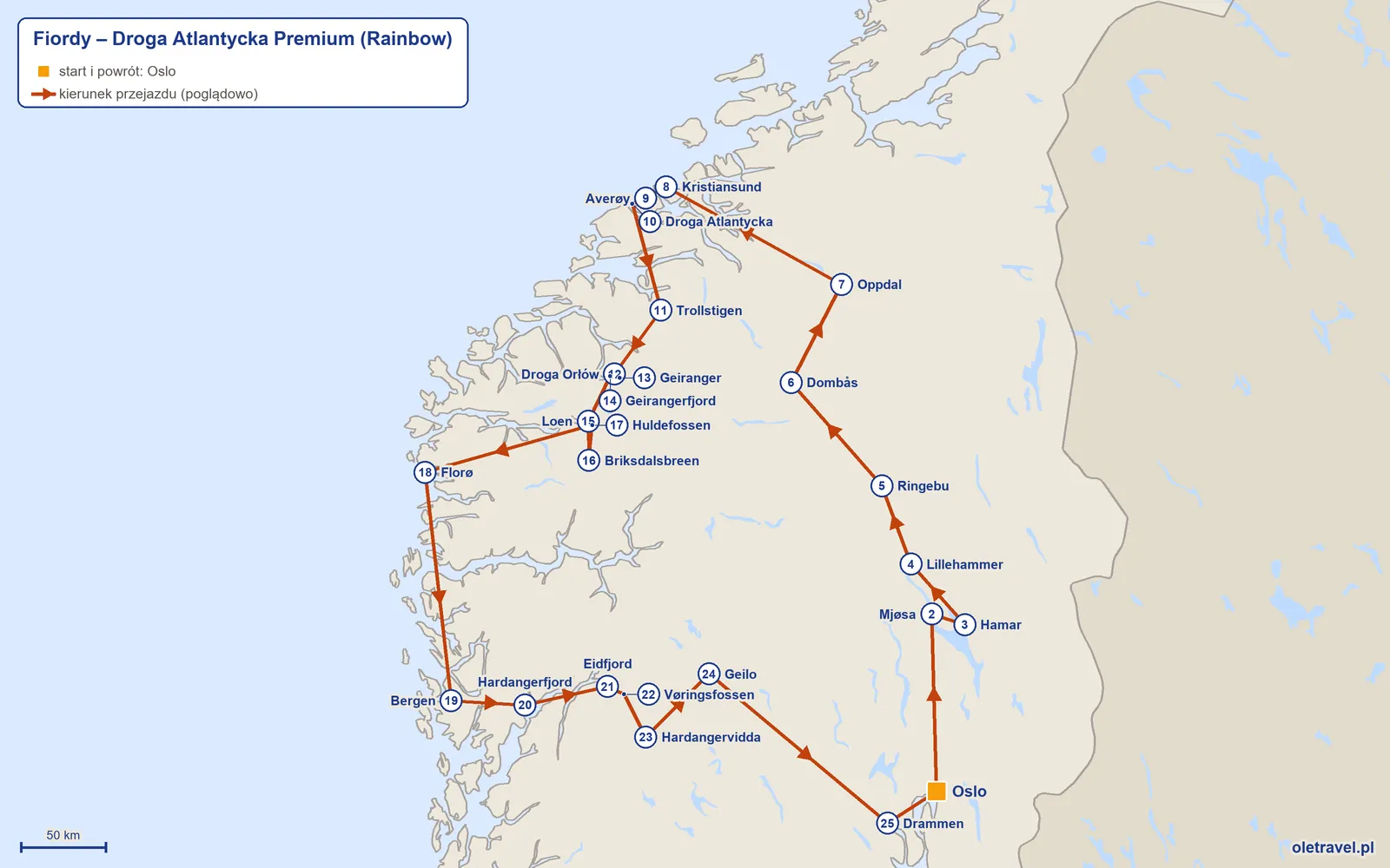 Mapa trasy wycieczki „Fiordy – Droga Atlantycka Premium” z Rainbow: Oslo – Mjøsa – Hamar – Lillehammer – Ringebu – Dombås – Oppdal – Kristiansund – Averøy – Droga Atlantycka – Trollstigen – Droga Orłów – Geiranger – Geirangerfjord – Loen – Briksdalsbreen – Huldefossen – Florø – Bergen – Hardangerfjord – Eidfjord – Vøringsfossen – Hardangervidda – Geilo – Drammen – Oslo