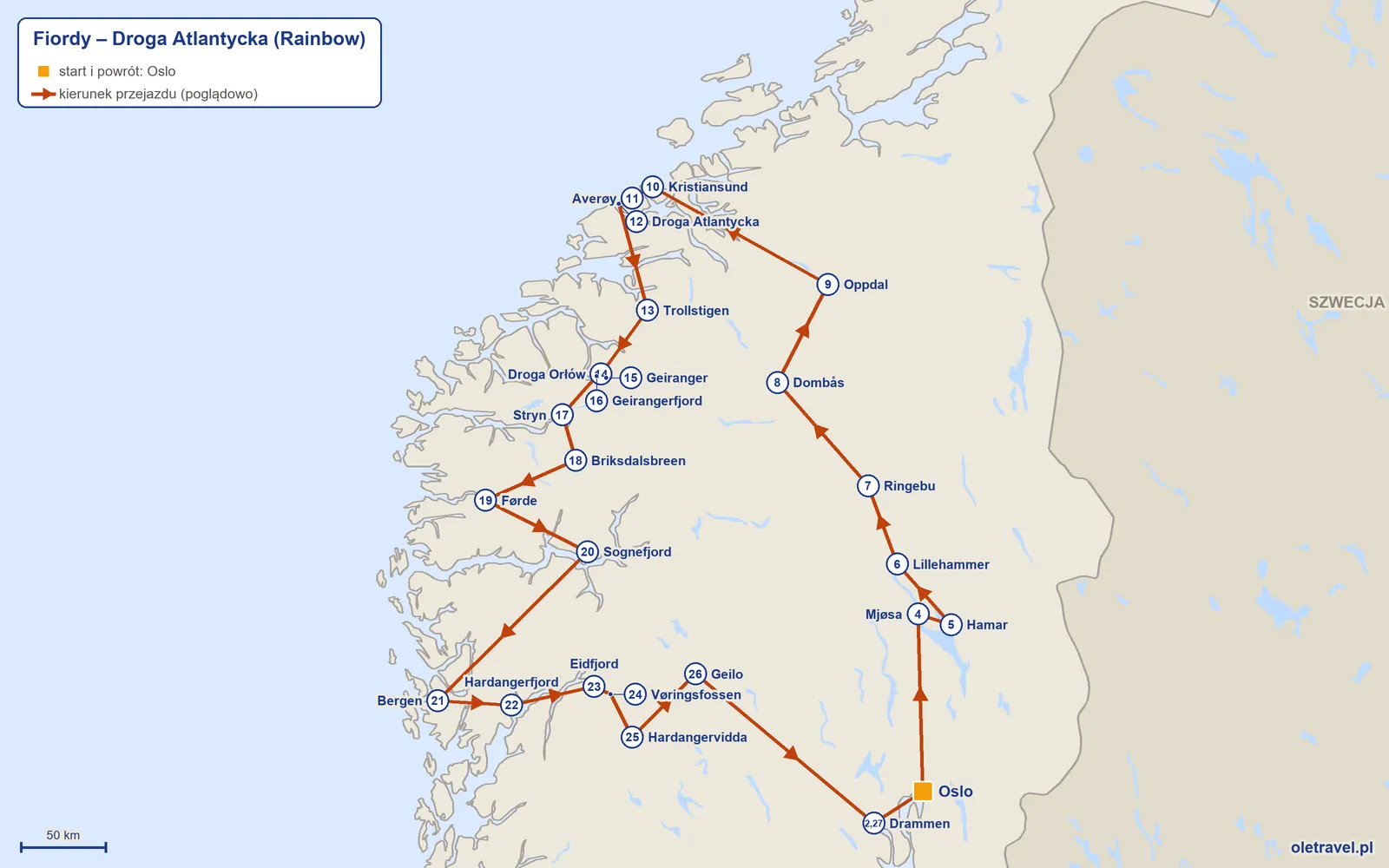 Mapa trasy wycieczki „Fiordy – Droga Atlantycka” z Rainbow: Oslo – Drammen – Oslo – Mjøsa – Hamar – Lillehammer – Ringebu – Dombås – Oppdal – Kristiansund – Averøy – Droga Atlantycka – Trollstigen – Droga Orłów – Geiranger – Geirangerfjord – Stryn – Briksdalsbreen – Førde – Sognefjord – Bergen – Hardangerfjord – Eidfjord – Vøringsfossen – Hardangervidda – Geilo – Drammen – Oslo