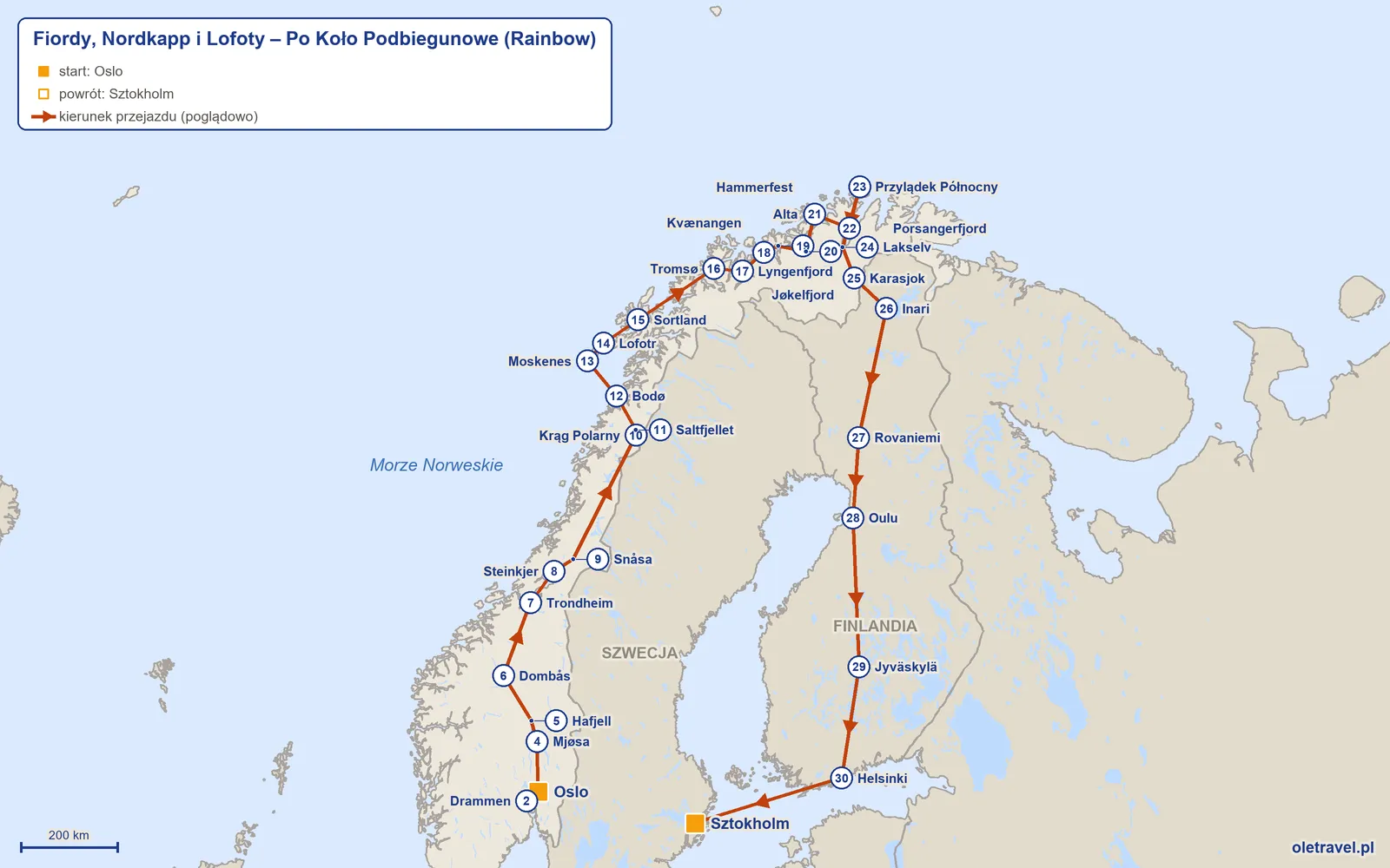 Mapa trasy wycieczki „Fiordy, Nordkapp i Lofoty – Po Koło Podbiegunowe” z Rainbow: Oslo – Drammen – Oslo – Mjøsa – Hafjell – Dombås – Trondheim – Steinkjer – Snåsa – Krąg Polarny – Saltfjellet – Bodø – Moskenes – Lofotr – Sortland – Tromsø – Lyngenfjord – Kvænangen – Jøkelfjord – Alta – Hammerfest – Porsangerfjord – Przylądek Północny – Lakselv – Karasjok – Inari – Rovaniemi – Oulu – Jyväskylä – Helsinki – Sztokholm