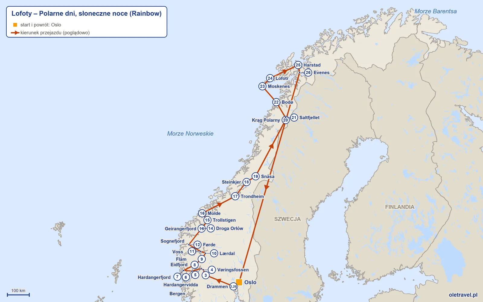 Mapa trasy wycieczki „Lofoty – Polarne dni, słoneczne noce” z Rainbow: Oslo – Drammen – Hardangervidda – Vøringsfossen – Eidfjord – Hardangerfjord – Bergen – Voss – Flåm – Lærdal – Sognefjord – Førde – Geirangerfjord – Droga Orłów – Trollstigen – Molde – Trondheim – Steinkjer – Snåsa – Krąg Polarny – Saltfjellet – Bodø – Moskenes – Lofotr – Harstad – Evenes – Oslo – Drammen – Oslo