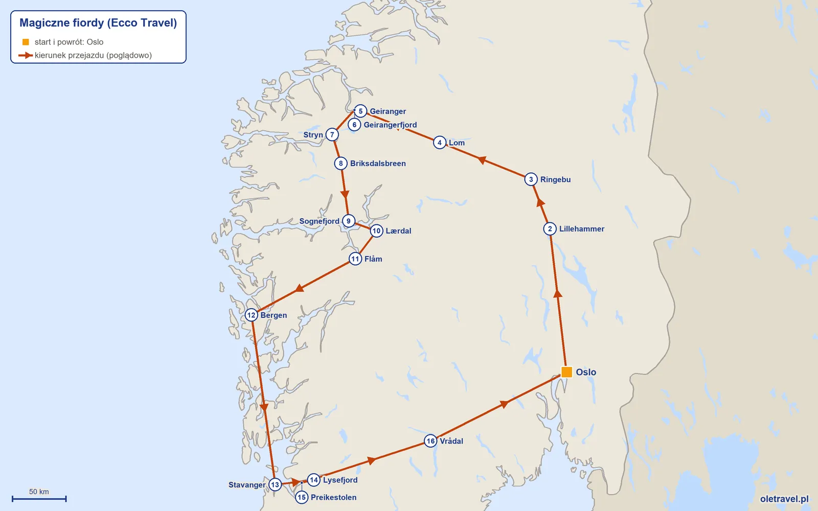 Mapa trasy wycieczki „Magiczne fiordy” z Ecco Travel: Oslo – Lillehammer – Ringebu – Lom – Geiranger – Geirangerfjord – Stryn – Briksdalsbreen – Sognefjord – Lærdal – Flåm – Bergen – Stavanger – Lysefjord – Preikestolen – Vrådal – Oslo