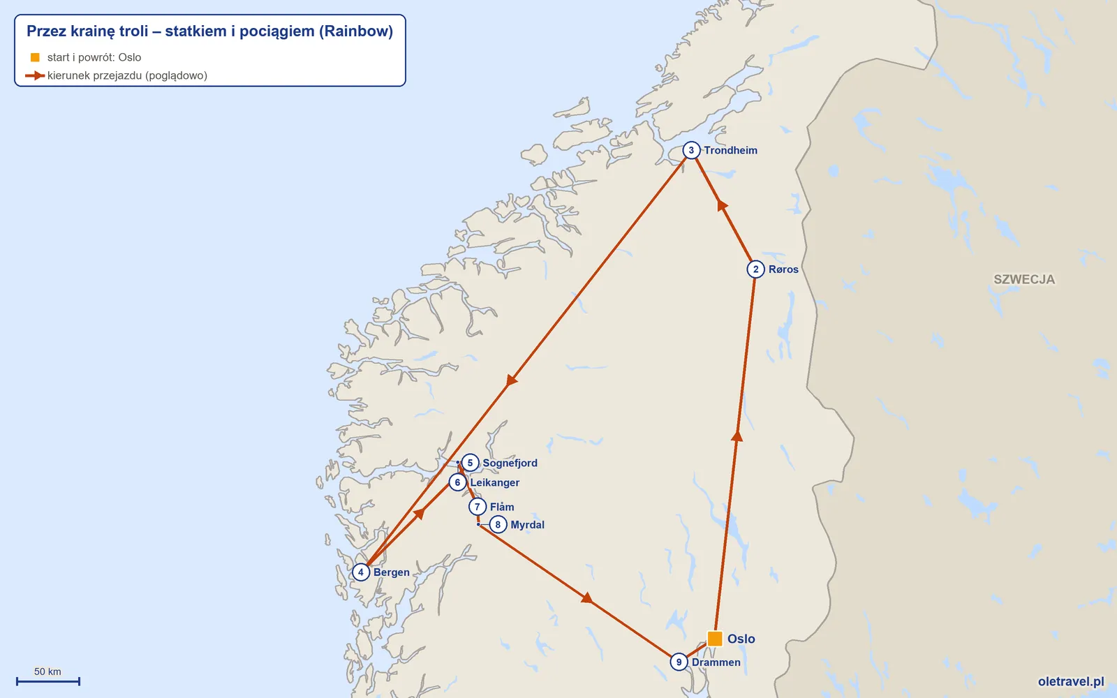 Mapa trasy wycieczki „Przez krainę troli – statkiem i pociągiem” z Rainbow: Oslo – Røros – Trondheim – Bergen – Sognefjord – Leikanger – Flåm – Myrdal – Drammen – Oslo