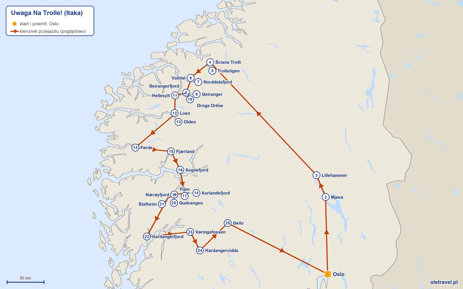 Mapa trasy wycieczki „Uwaga Na Trolle!” z Itaką: Oslo – Mjøsa – Lillehammer – Ściana Trolli – Trollstigen – Valldal – Norddalsfjord – Droga Orłów – Geiranger – Geirangerfjord – Hellesylt – Loen – Olden – Førde – Fjærland – Sognefjord – Flåm – Aurlandsfjord – Nærøyfjord – Gudvangen – Stalheim – Hardangerfjord – Vøringsfossen – Hardangervidda – Geilo – Oslo