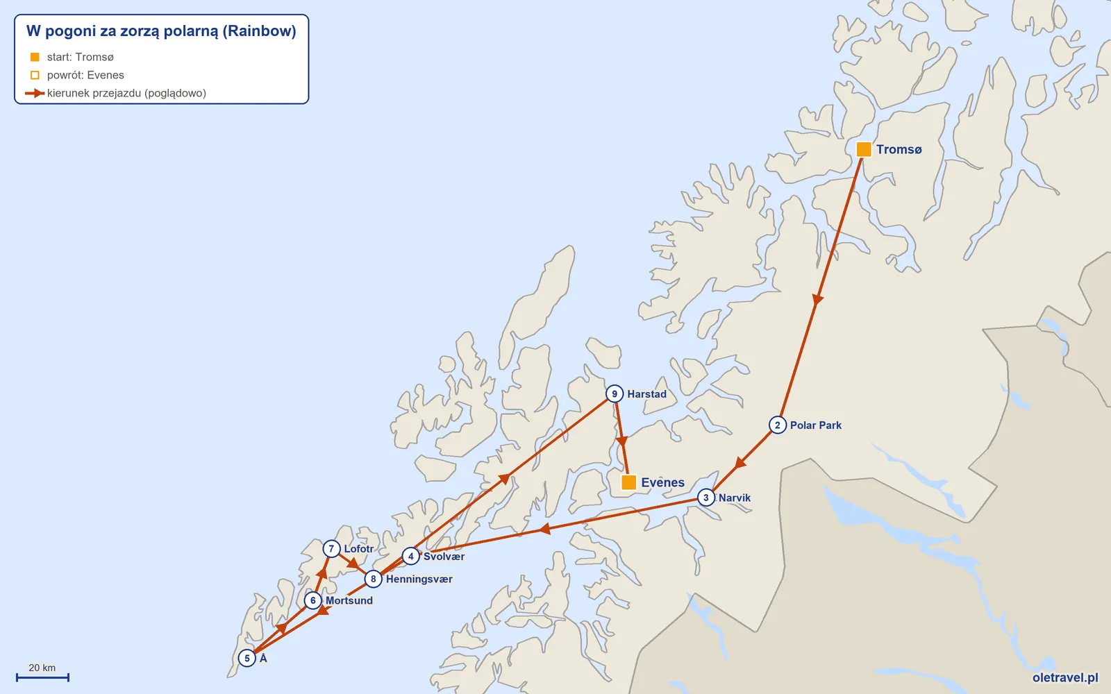 Mapa trasy wycieczki „W pogoni za zorzą polarną” z Rainbow: Tromsø – Polar Park – Narvik – Svolvær – Å – Mortsund – Lofotr – Henningsvær – Harstad – Evenes