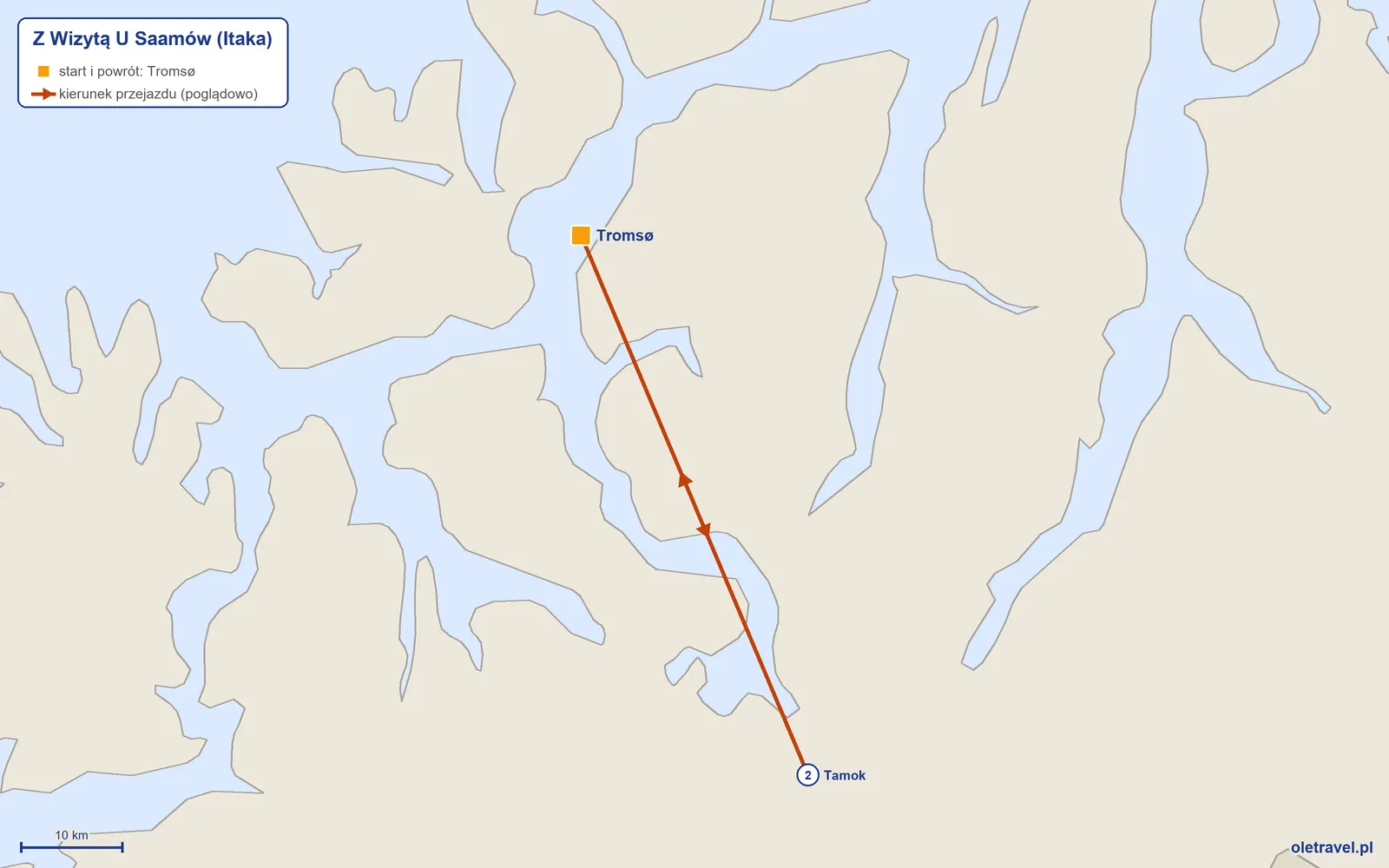 Mapa trasy wycieczki „Z Wizytą U Saamów” z Itaką: Tromsø – Tamok – Tromsø