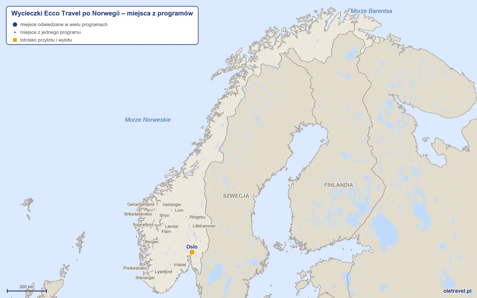 Mapa: Norwegia z miejscami z programów wycieczek objazdowych Ecco Travel