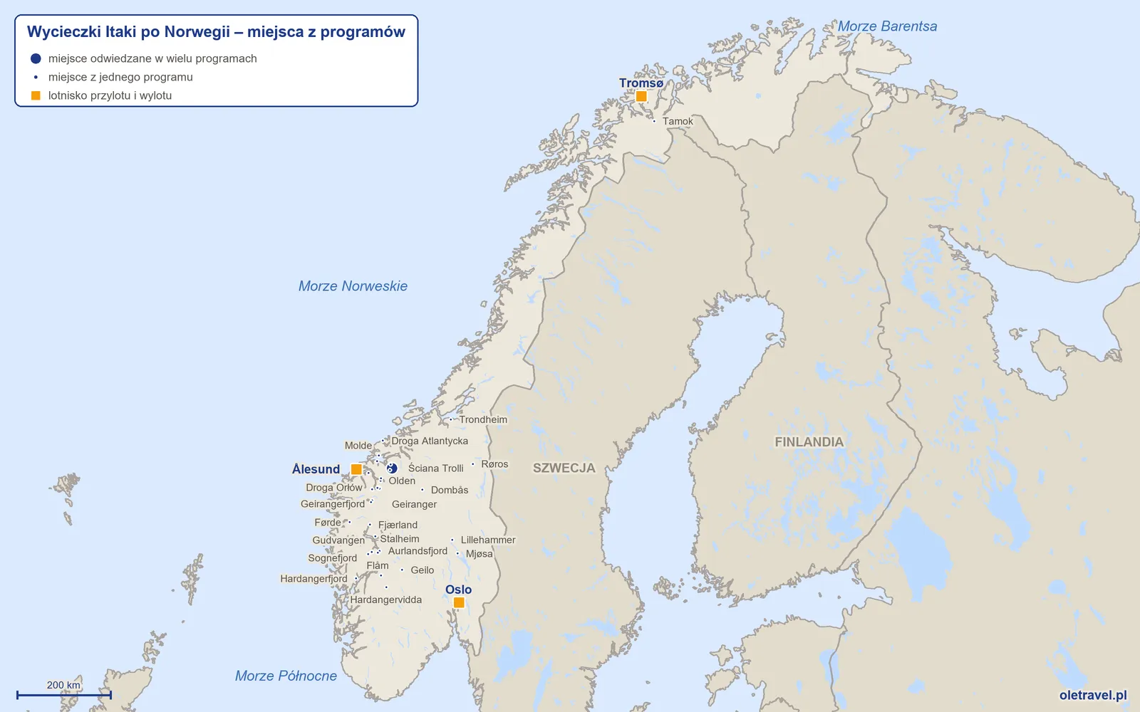 Mapa: Norwegia z miejscami z programów wycieczek objazdowych Itaki