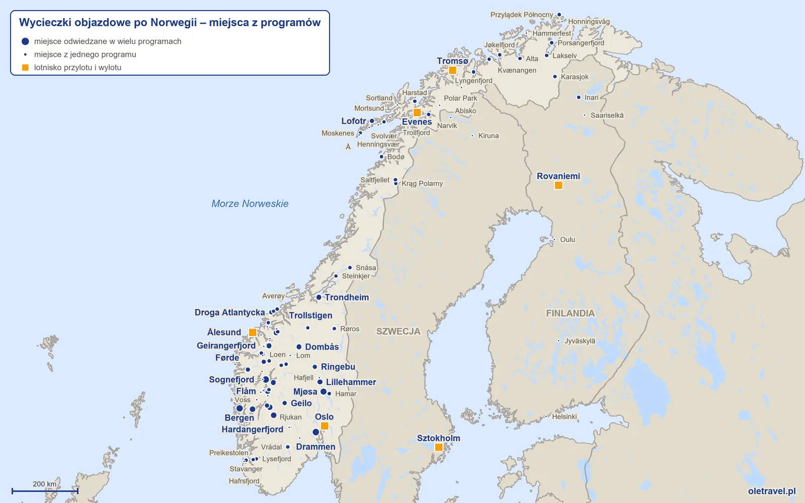 Mapa: Norwegia z miejscami odwiedzanymi na wycieczkach objazdowych z naszej oferty
