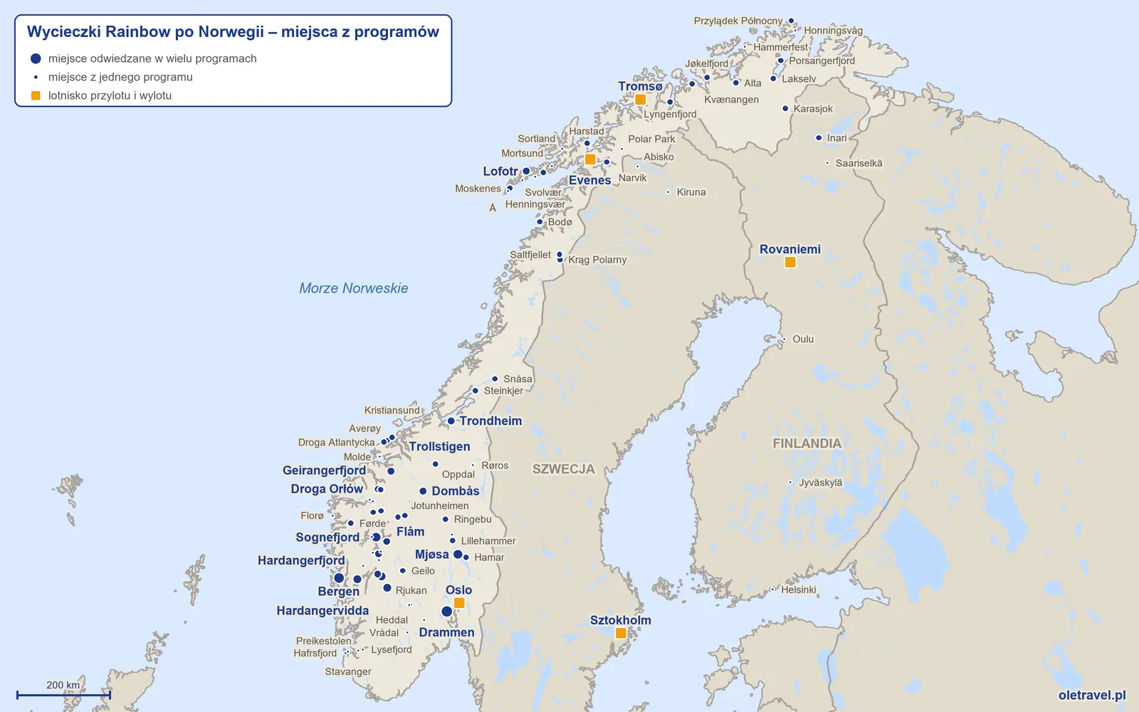 Mapa: Norwegia z miejscami z programów wycieczek objazdowych Rainbow