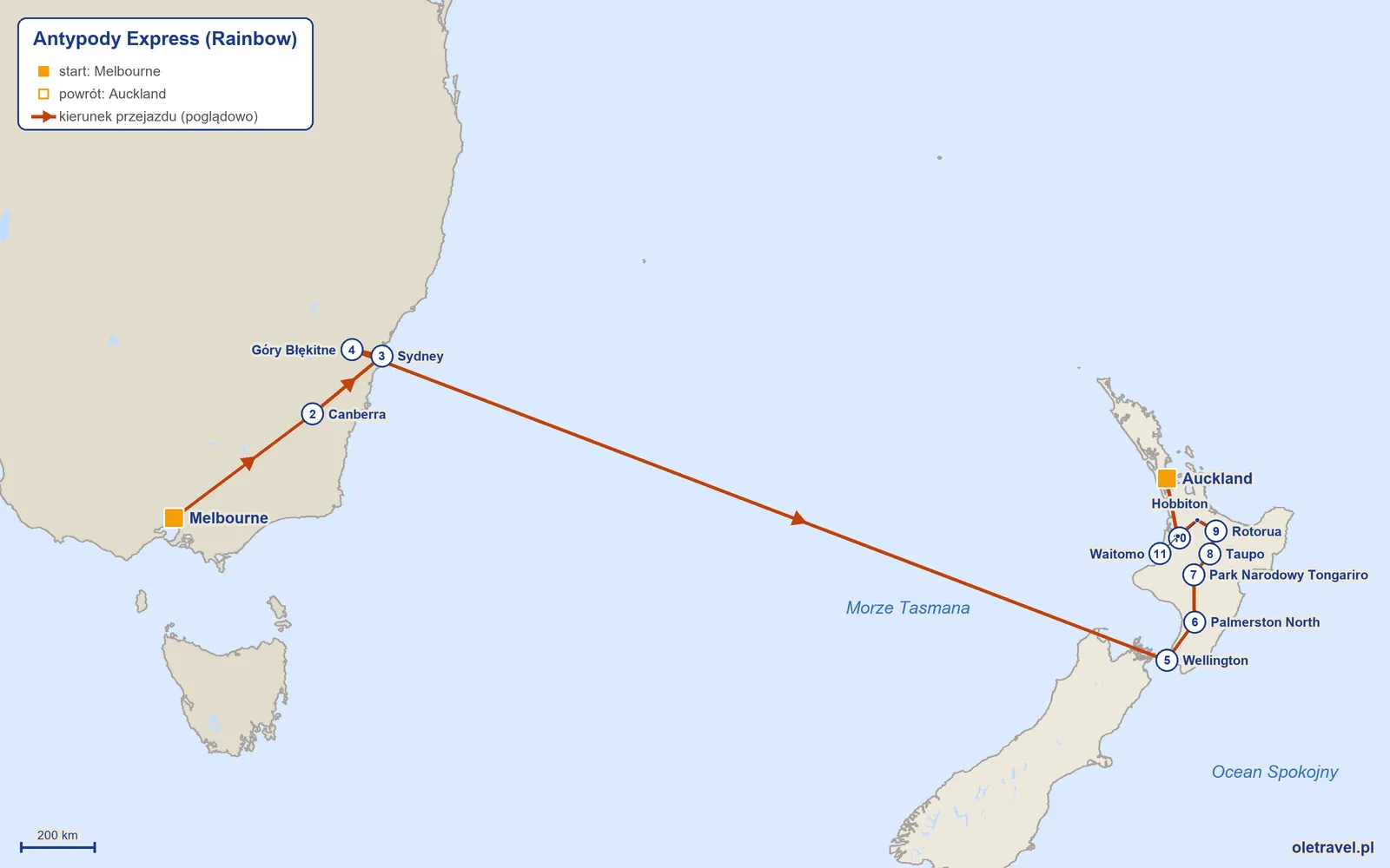 Mapa trasy wycieczki „Antypody Express” z Rainbow: Melbourne – Canberra – Sydney – Góry Błękitne – Wellington – Palmerston North – Park Narodowy Tongariro – Taupo – Rotorua – Hobbiton – Waitomo – Auckland
