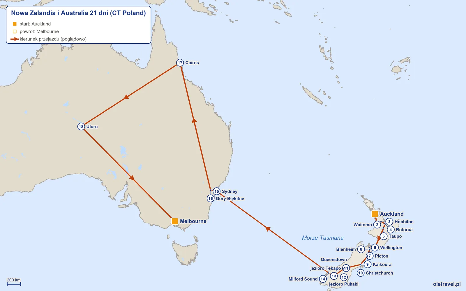 Mapa trasy wycieczki „Nowa Zelandia i Australia 21 dni” z CT Poland: Auckland – Waitomo – Hobbiton – Rotorua – Taupo – Wellington – Picton – Blenheim – Kaikoura – Christchurch – jezioro Tekapo – jezioro Pukaki – Queenstown – Milford Sound – Sydney – Góry Błękitne – Cairns – Uluru – Melbourne