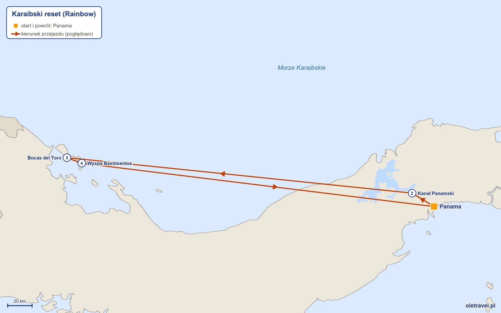 Mapa trasy wycieczki „Karaibski reset” z Rainbow: Panama – Kanał Panamski – Bocas del Toro – Wyspa Bastimentos – Panama