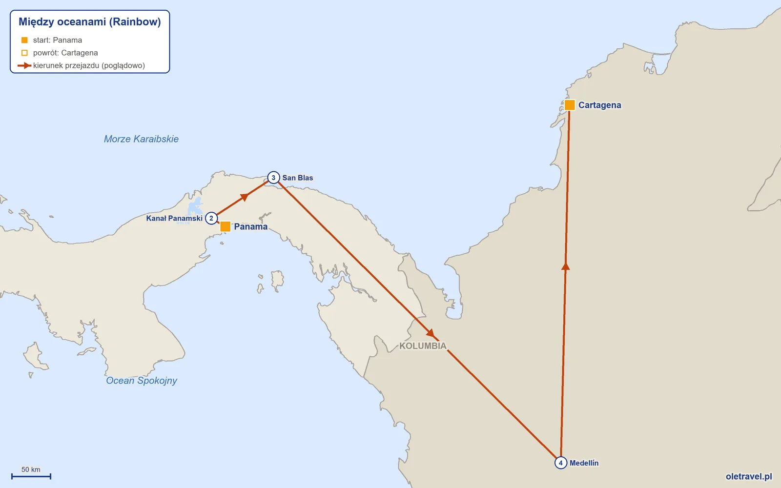 Mapa trasy wycieczki „Między oceanami” z Rainbow: Panama – Kanał Panamski – San Blas – Medellín – Cartagena