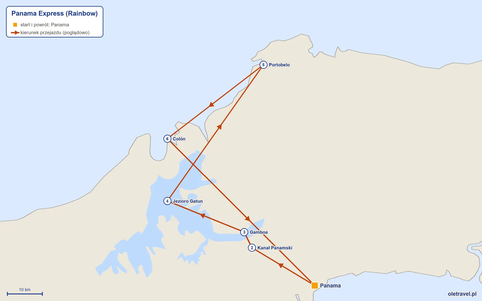 Mapa trasy wycieczki „Panama Express” z Rainbow: Panama – Kanał Panamski – Gamboa – Jezioro Gatun – Portobelo – Colón – Panama