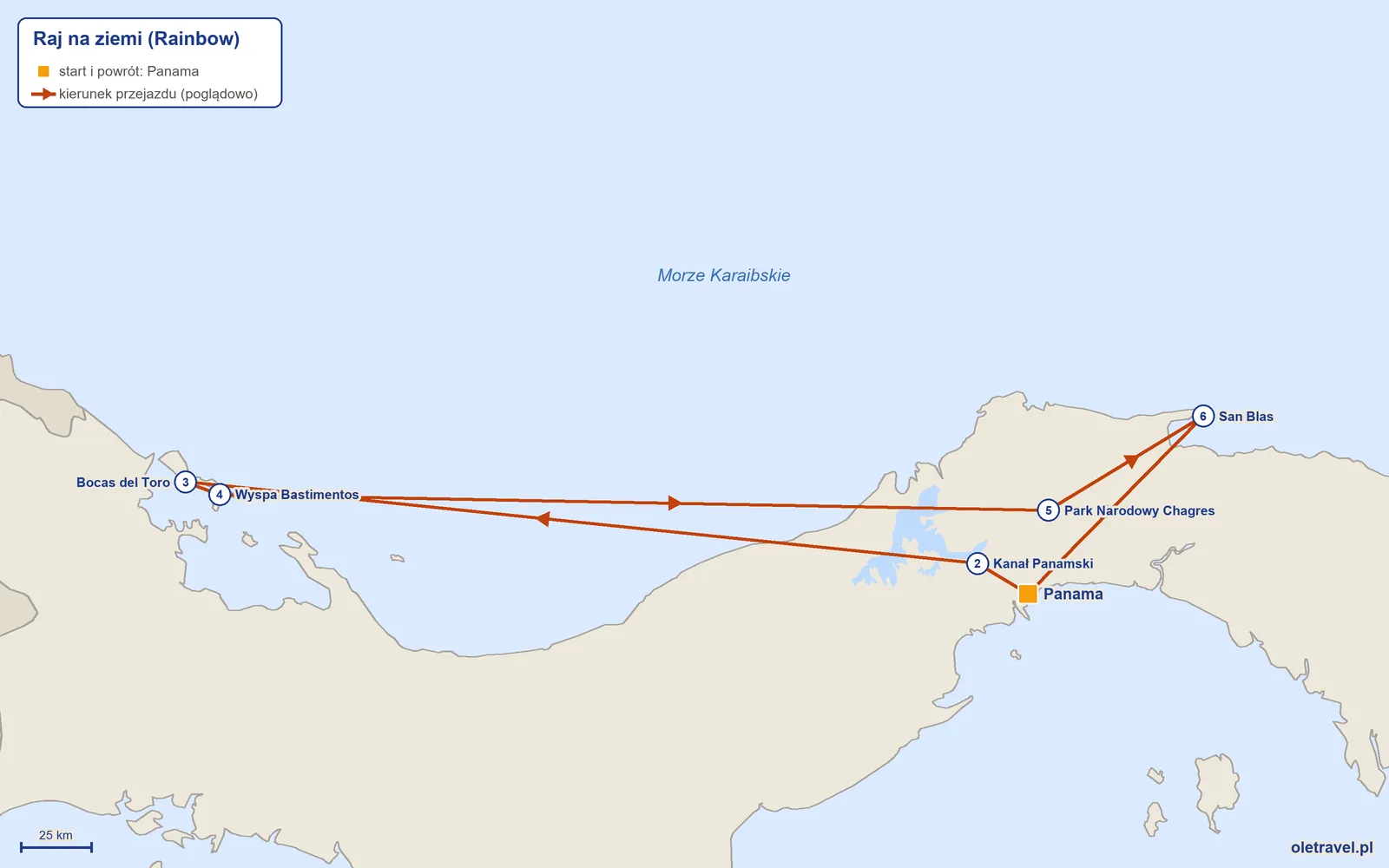 Mapa trasy wycieczki „Raj na ziemi” z Rainbow: Panama – Kanał Panamski – Bocas del Toro – Wyspa Bastimentos – Park Narodowy Chagres – San Blas – Panama