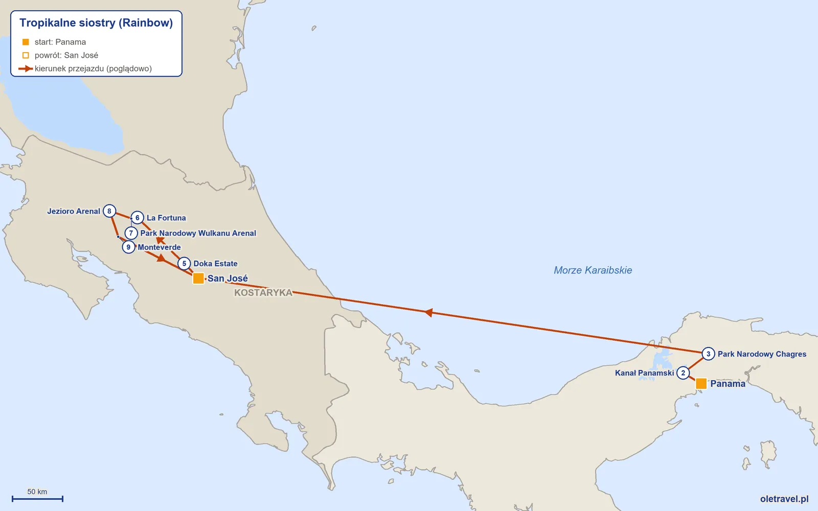 Mapa trasy wycieczki „Tropikalne siostry” z Rainbow: Panama – Kanał Panamski – Park Narodowy Chagres – San José – Doka Estate – La Fortuna – Park Narodowy Wulkanu Arenal – Jezioro Arenal – Monteverde – San José