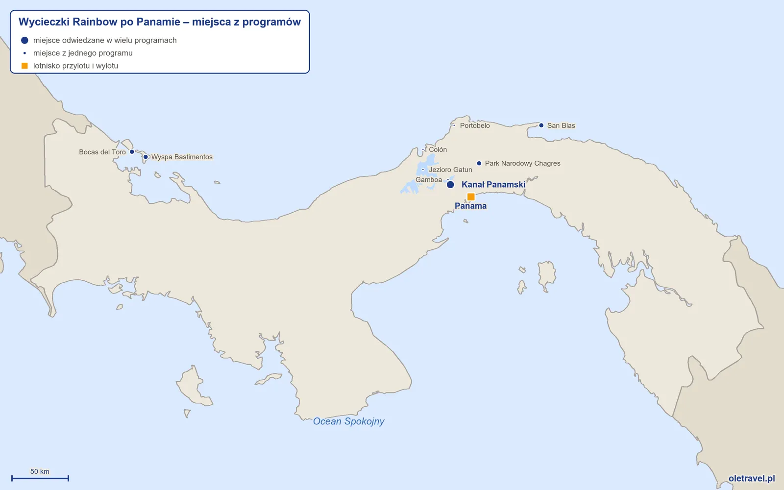 Mapa: Panama z miejscami z programów wycieczek objazdowych Rainbow