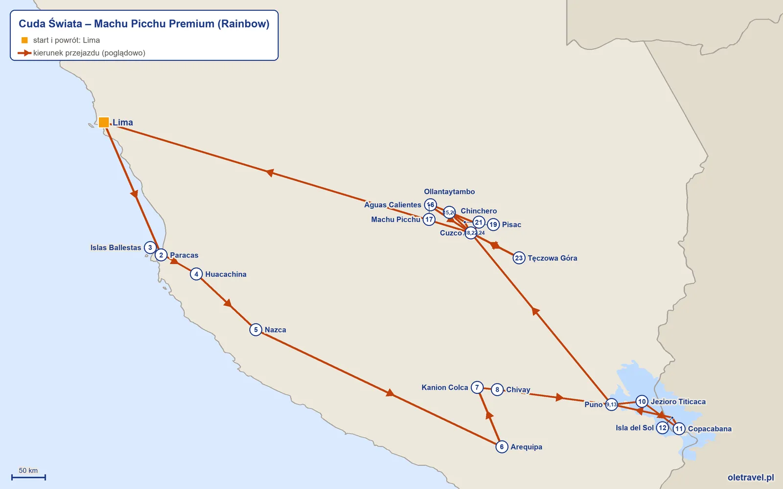 Mapa trasy wycieczki „Cuda Świata – Machu Picchu Premium” z Rainbow: Lima – Paracas – Islas Ballestas – Huacachina – Nazca – Arequipa – Kanion Colca – Chivay – Puno – Jezioro Titicaca – Copacabana – Isla del Sol – Puno – Cuzco – Ollantaytambo – Aguas Calientes – Machu Picchu – Cuzco – Pisac – Ollantaytambo – Chinchero – Cuzco – Tęczowa Góra – Cuzco – Lima