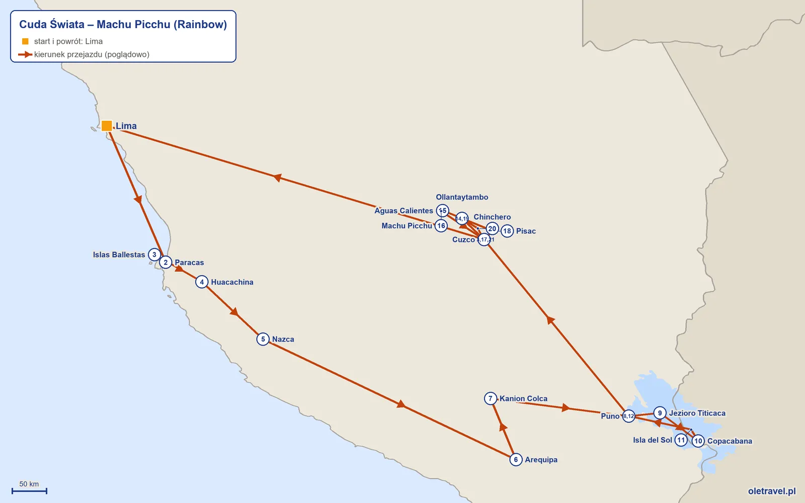 Mapa trasy wycieczki „Cuda Świata – Machu Picchu” z Rainbow: Lima – Paracas – Islas Ballestas – Huacachina – Nazca – Arequipa – Kanion Colca – Puno – Jezioro Titicaca – Copacabana – Isla del Sol – Puno – Cuzco – Ollantaytambo – Aguas Calientes – Machu Picchu – Cuzco – Pisac – Ollantaytambo – Chinchero – Cuzco – Lima