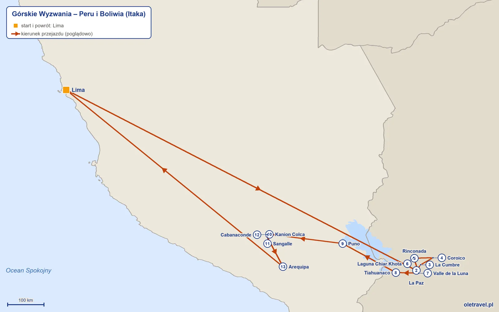 Mapa trasy wycieczki „Górskie Wyzwania – Peru i Boliwia” z Itaką: Lima – La Paz – La Cumbre – Coroico – Rinconada – Laguna Chiar Khota – Valle de la Luna – Tiahuanaco – Puno – Kanion Colca – Sangalle – Cabanaconde – Arequipa – Lima