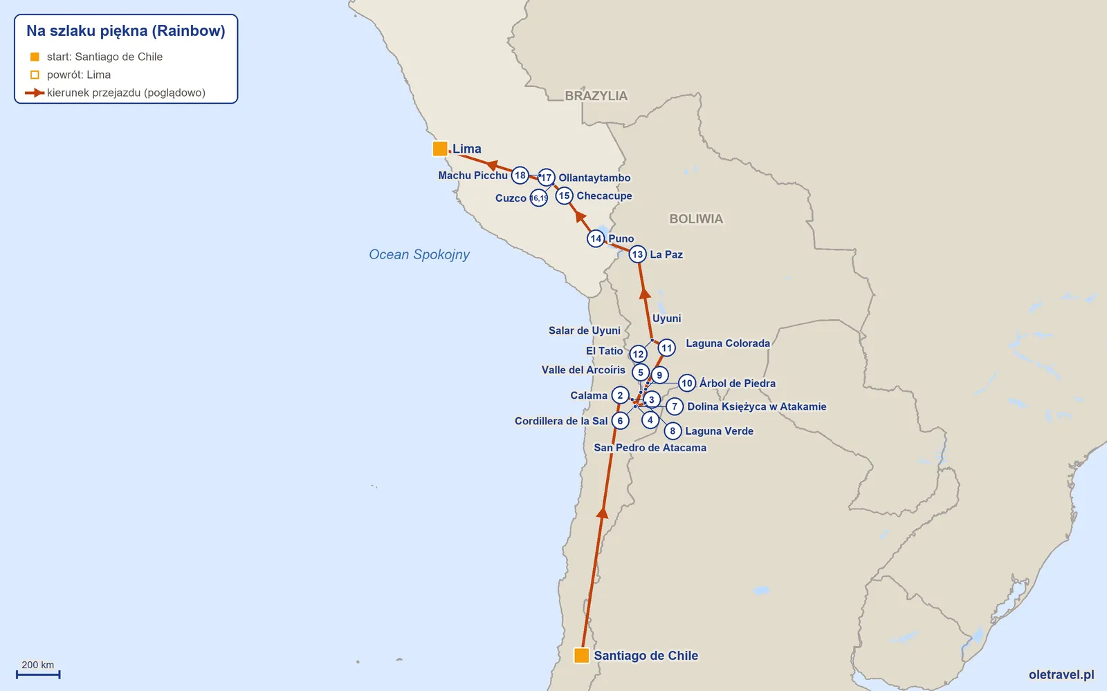Mapa trasy wycieczki „Na szlaku piękna” z Rainbow: Santiago de Chile – Calama – Valle del Arcoíris – San Pedro de Atacama – El Tatio – Cordillera de la Sal – Dolina Księżyca w Atakamie – Laguna Verde – Laguna Colorada – Árbol de Piedra – Uyuni – Salar de Uyuni – La Paz – Puno – Checacupe – Cuzco – Ollantaytambo – Machu Picchu – Cuzco – Lima