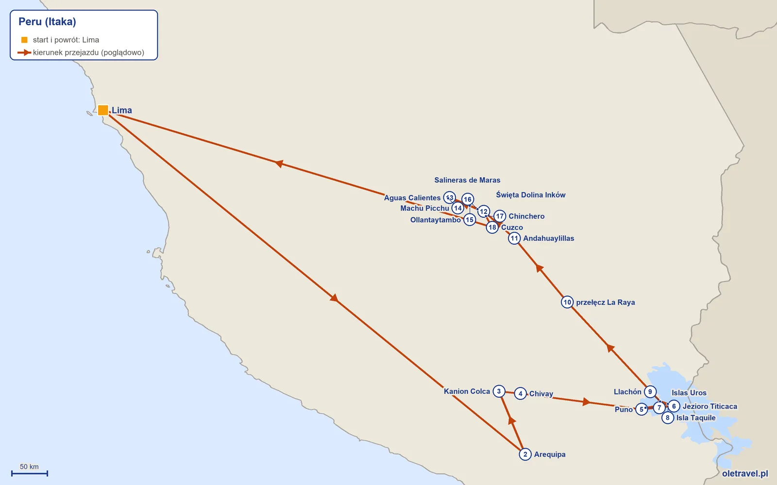 Mapa trasy wycieczki „Peru” z Itaką: Lima – Arequipa – Kanion Colca – Chivay – Puno – Jezioro Titicaca – Islas Uros – Isla Taquile – Llachón – przełęcz La Raya – Andahuaylillas – Święta Dolina Inków – Aguas Calientes – Machu Picchu – Ollantaytambo – Salineras de Maras – Chinchero – Cuzco – Lima