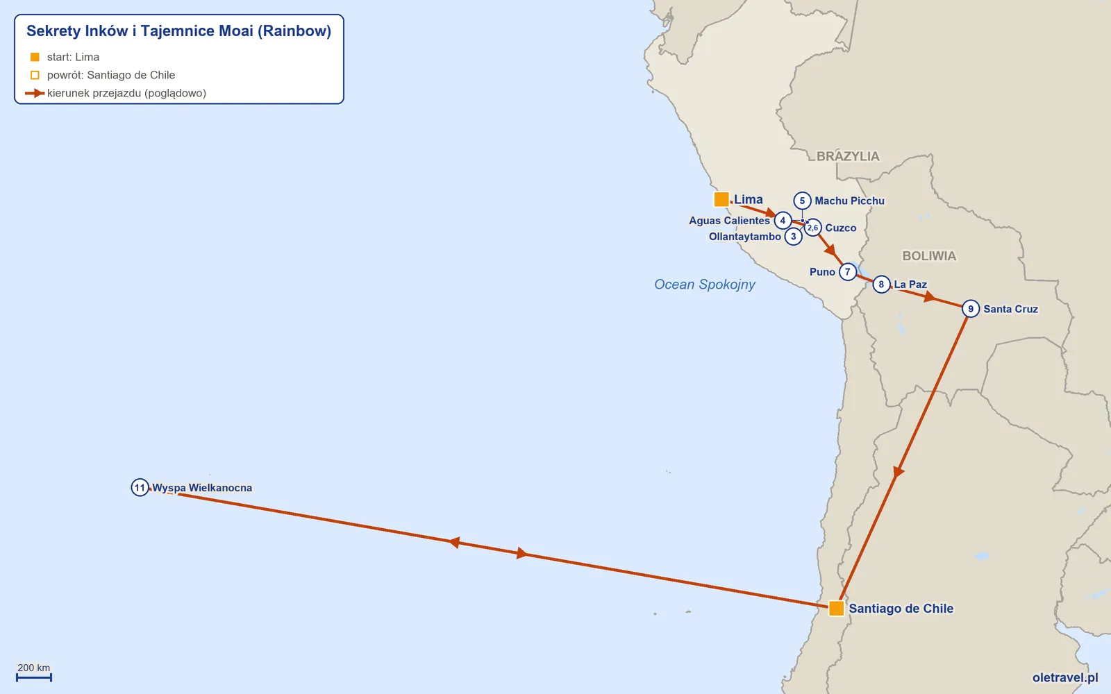 Mapa trasy wycieczki „Sekrety Inków i Tajemnice Moai” z Rainbow: Lima – Cuzco – Ollantaytambo – Aguas Calientes – Machu Picchu – Cuzco – Puno – La Paz – Santa Cruz – Santiago de Chile – Wyspa Wielkanocna – Santiago de Chile