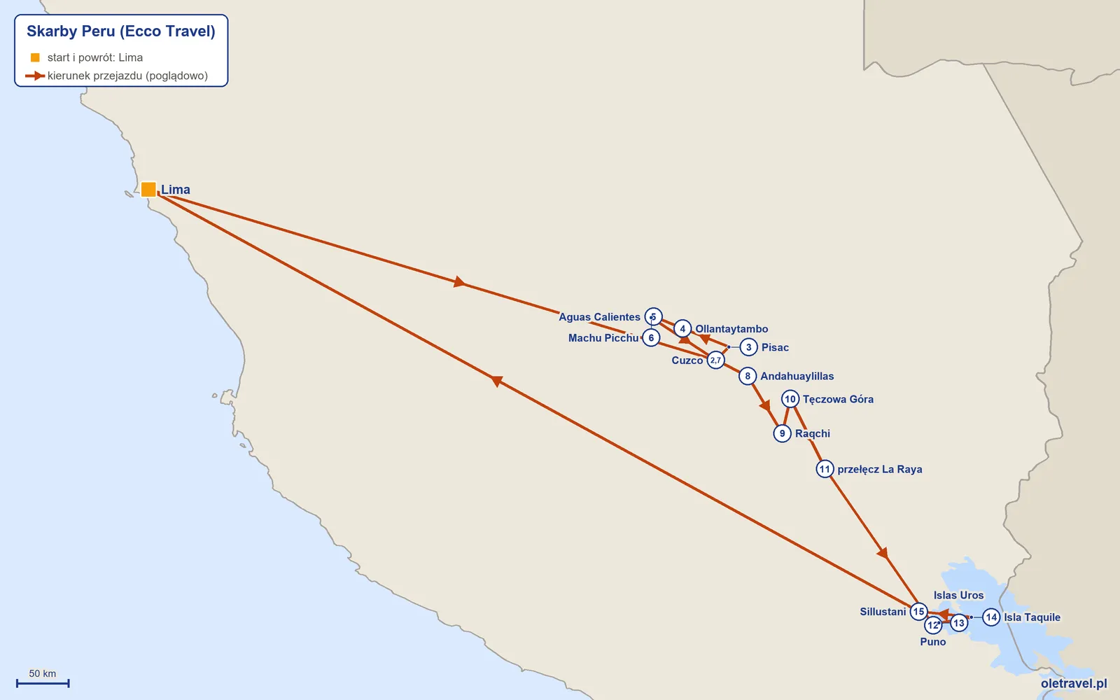 Mapa trasy wycieczki „Skarby Peru” z Ecco Travel: Lima – Cuzco – Pisac – Ollantaytambo – Aguas Calientes – Machu Picchu – Cuzco – Andahuaylillas – Raqchi – Tęczowa Góra – przełęcz La Raya – Puno – Islas Uros – Isla Taquile – Sillustani – Lima
