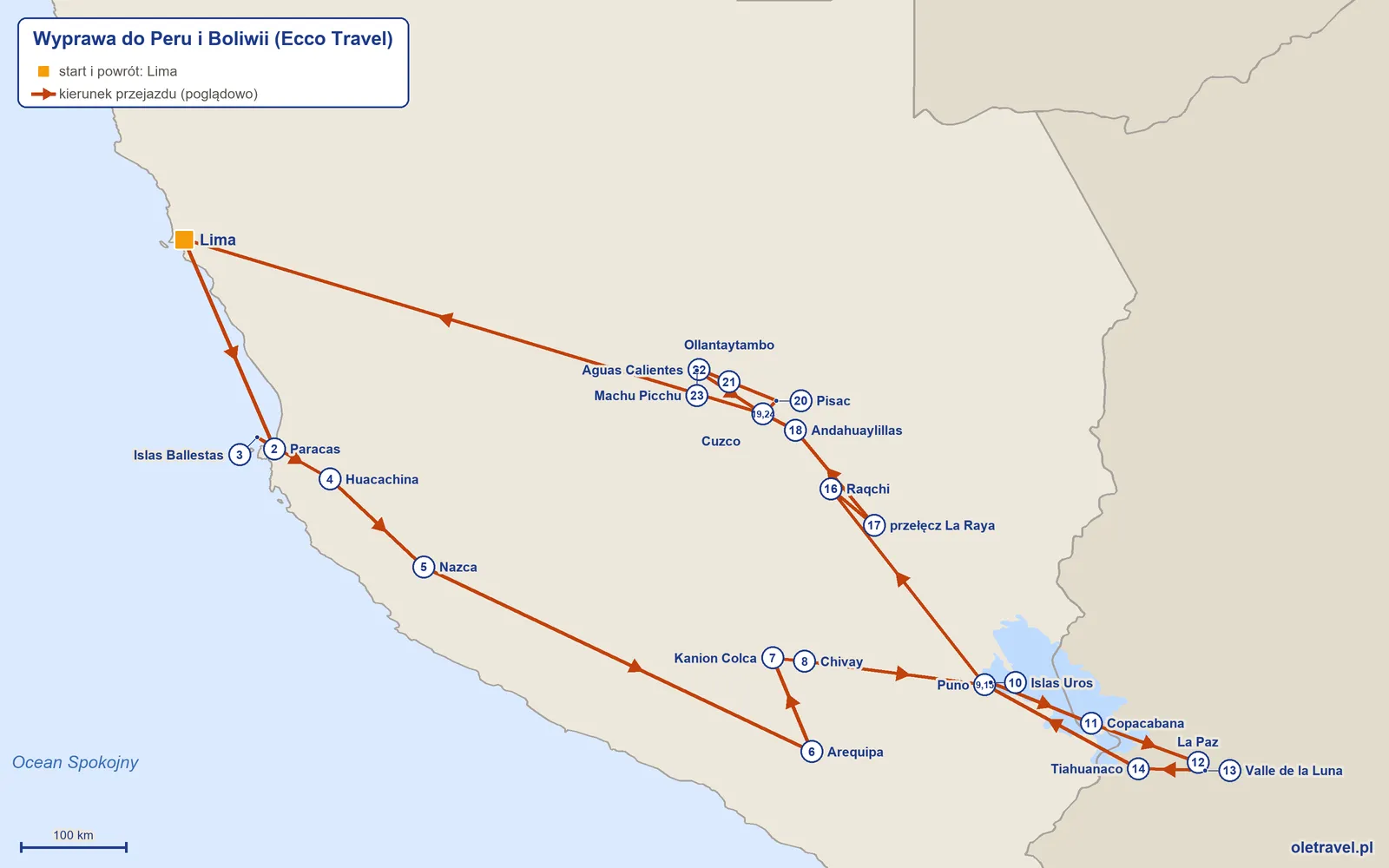 Mapa trasy wycieczki „Wyprawa do Peru i Boliwii” z Ecco Travel: Lima – Paracas – Islas Ballestas – Huacachina – Nazca – Arequipa – Kanion Colca – Chivay – Puno – Islas Uros – Copacabana – La Paz – Valle de la Luna – Tiahuanaco – Puno – Raqchi – przełęcz La Raya – Andahuaylillas – Cuzco – Pisac – Ollantaytambo – Aguas Calientes – Machu Picchu – Cuzco – Lima