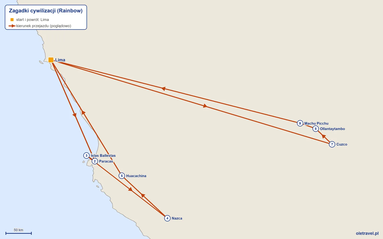 Mapa trasy wycieczki „Zagadki cywilizacji” z Rainbow: Lima – Paracas – Islas Ballestas – Nazca – Huacachina – Lima – Cuzco – Ollantaytambo – Machu Picchu – Lima