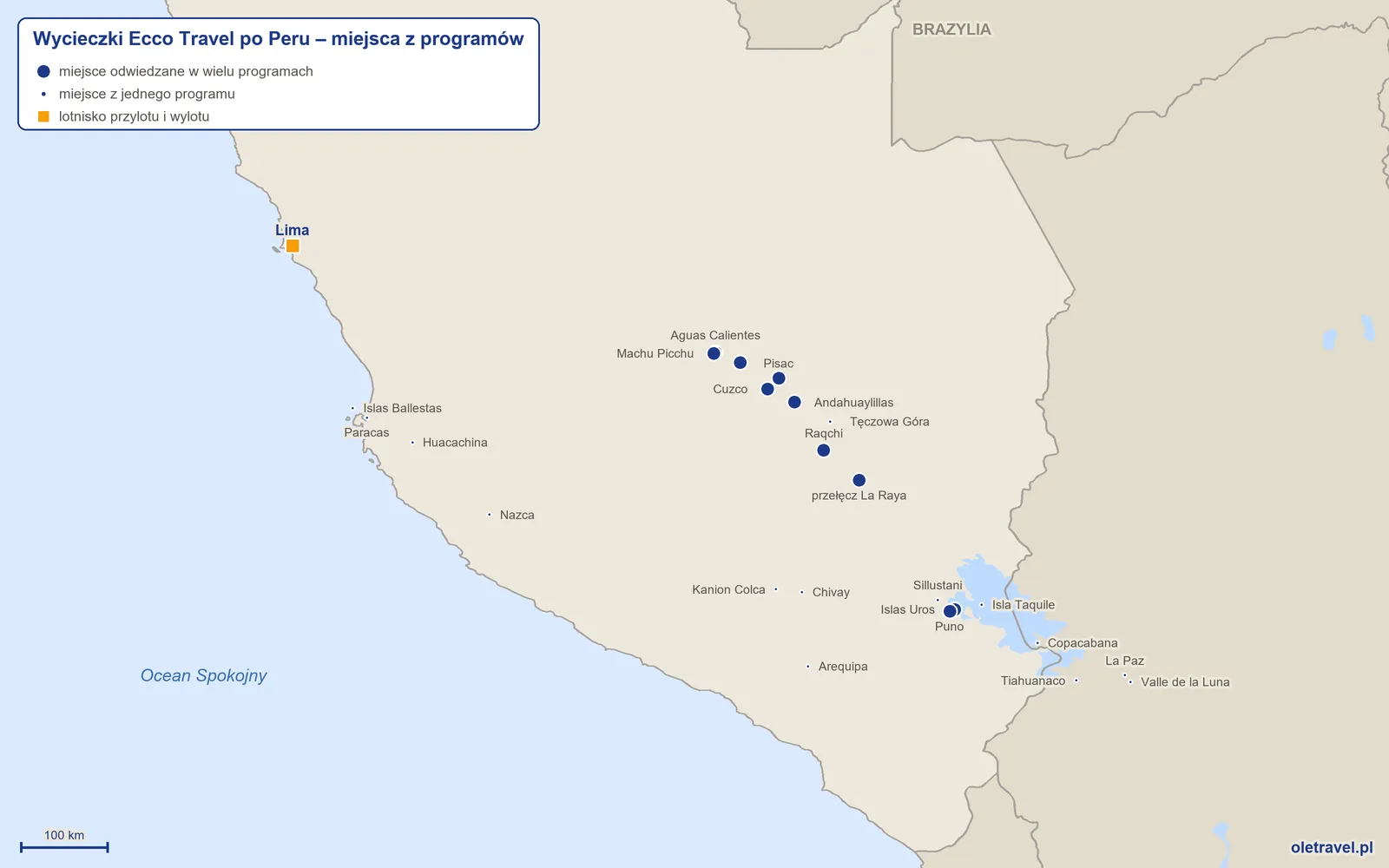 Mapa: Peru z miejscami z programów wycieczek objazdowych Ecco Travel